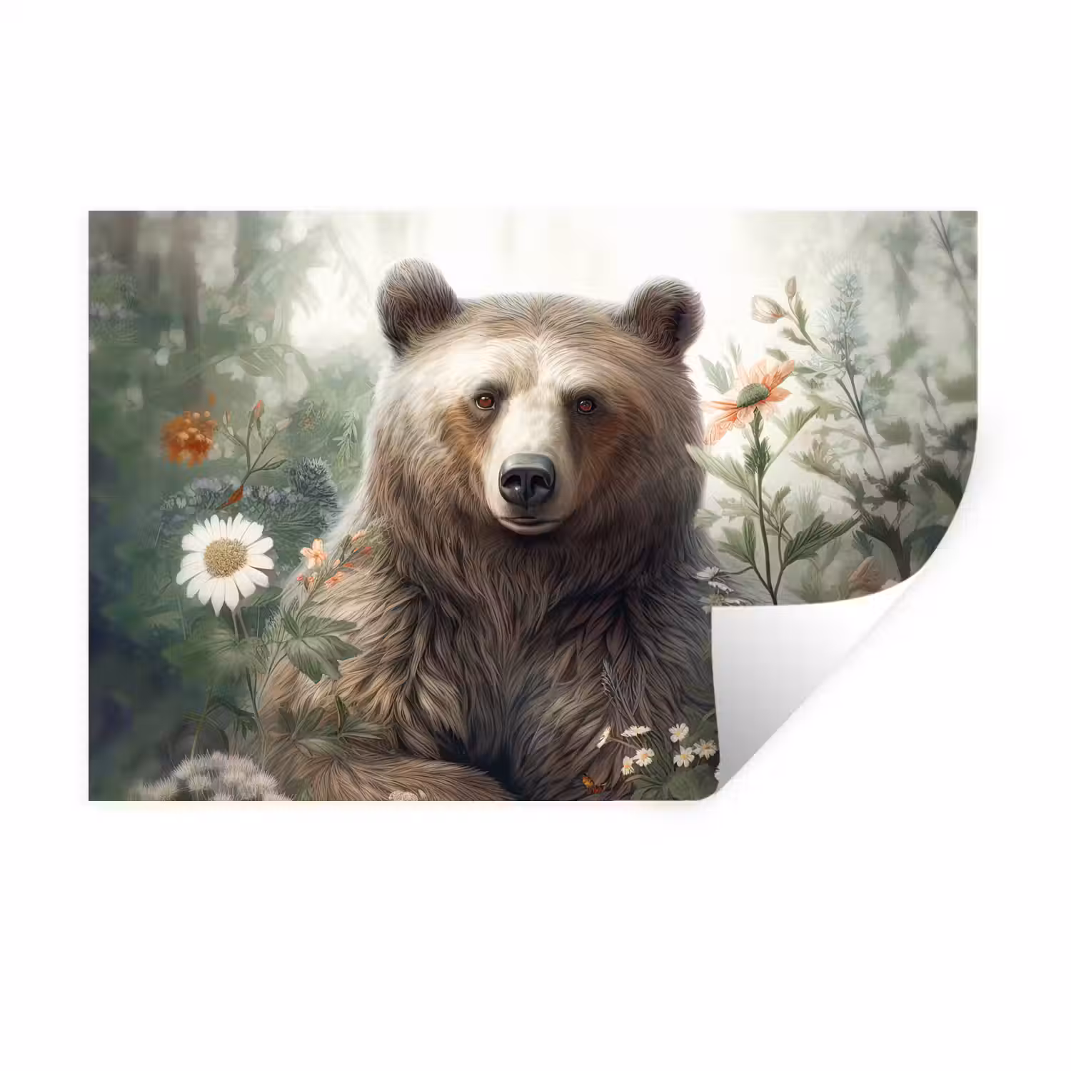Bruine beer - Wilde dieren - Bloemen - Planten Muursticker klein -3d