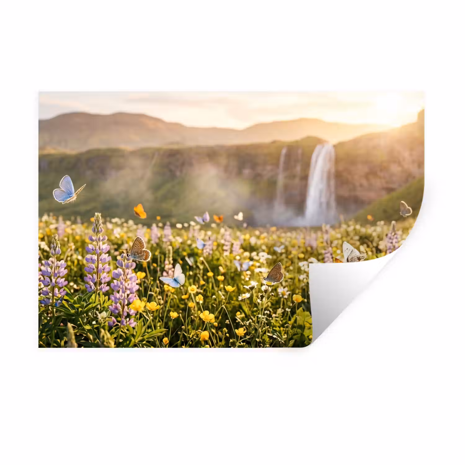 Vlinders - Waterval - Bloemenveld Muursticker klein -3d