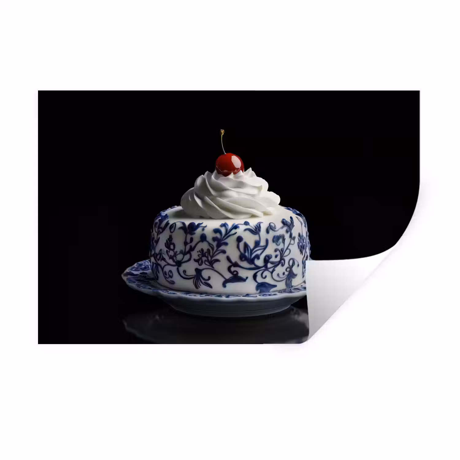 Taart - Slagroom - Kers - Bord - Delfts blauw Muursticker klein -3d