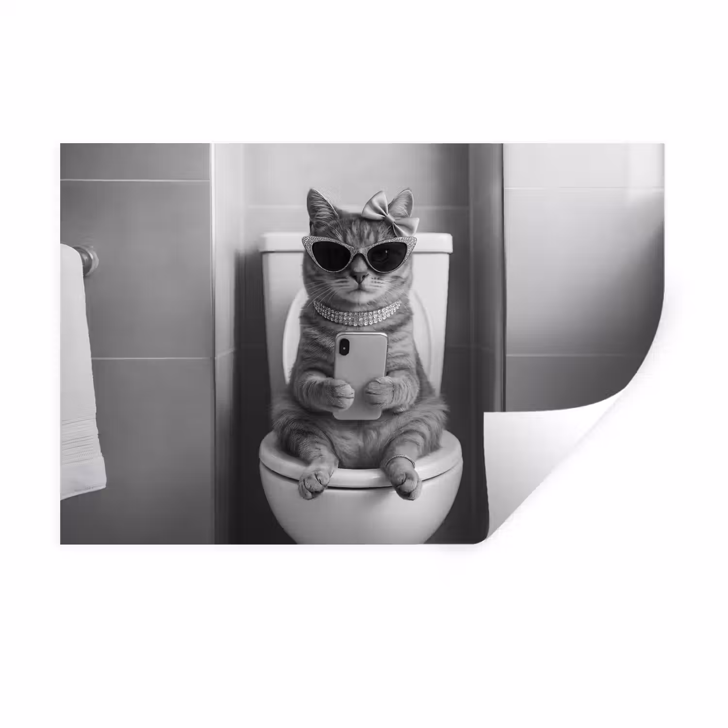 Kat - Telefoon - Toilet - Zwart - Wit Muursticker klein -3d