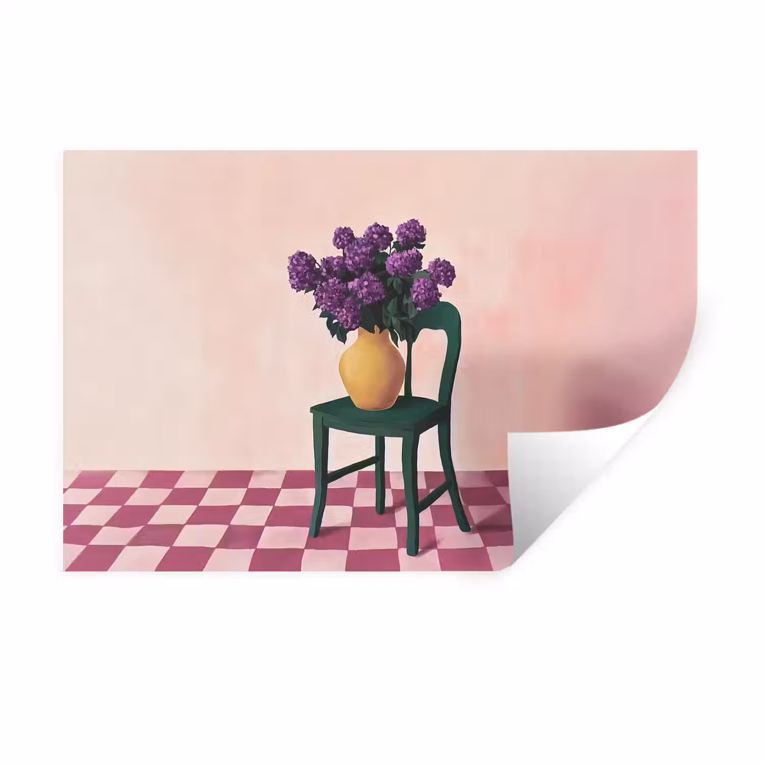 Stoel - Vaas - Bloemen - Geblokt Muursticker klein -3d