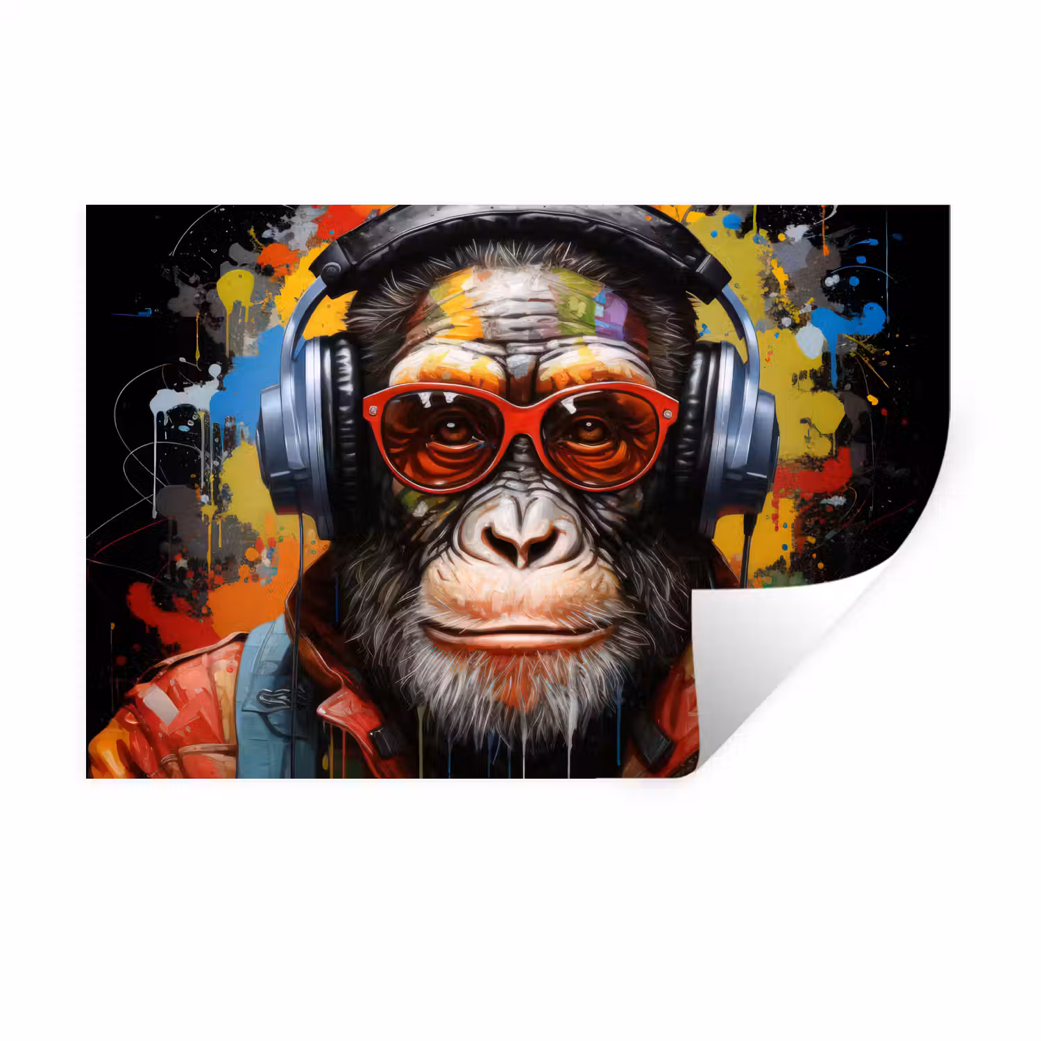 Chimpansee - Aap - dieren - Graffiti - Bril - Koptelefoon - Kleuren Muursticker klein -3d
