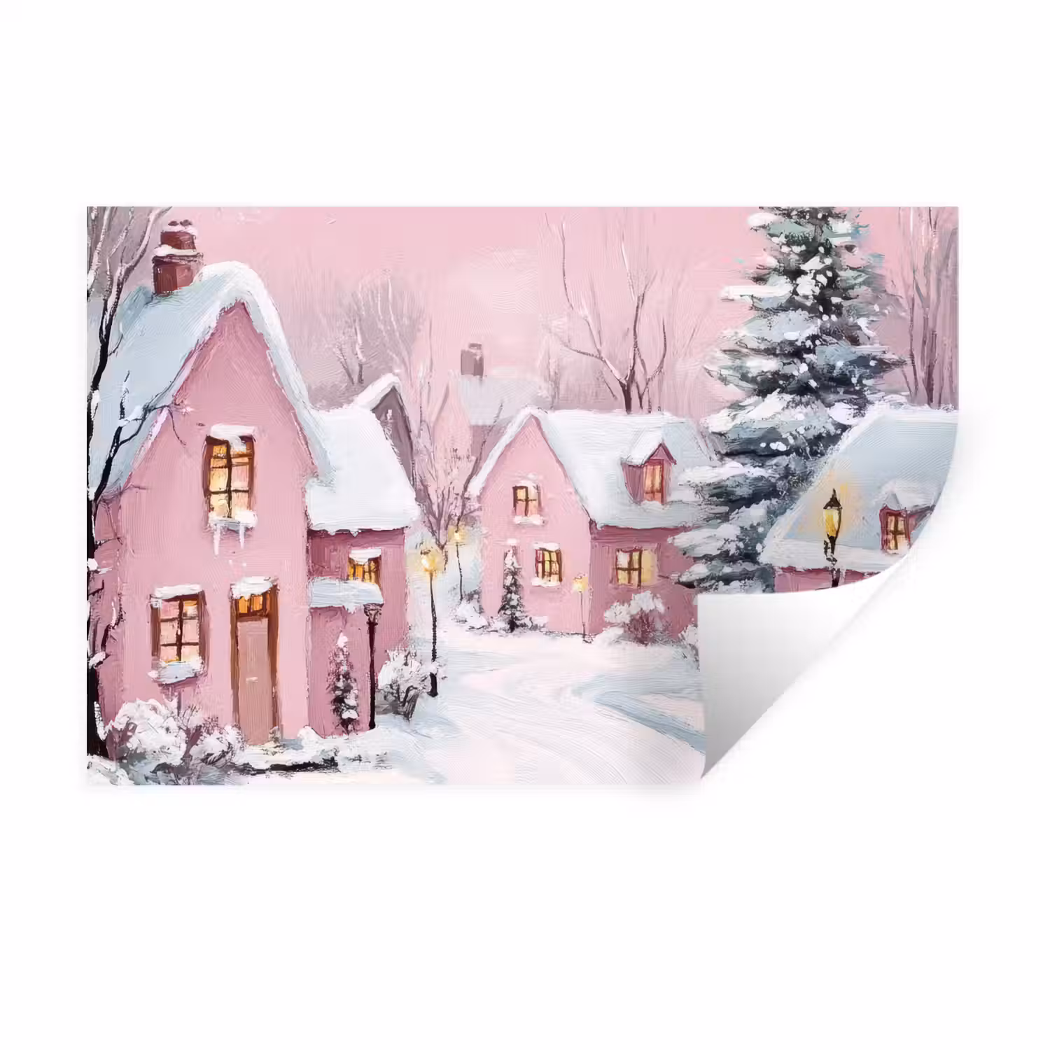 Kerstdorp - Roze - Winter - Sneeuw - Huizen Muursticker klein -3d
