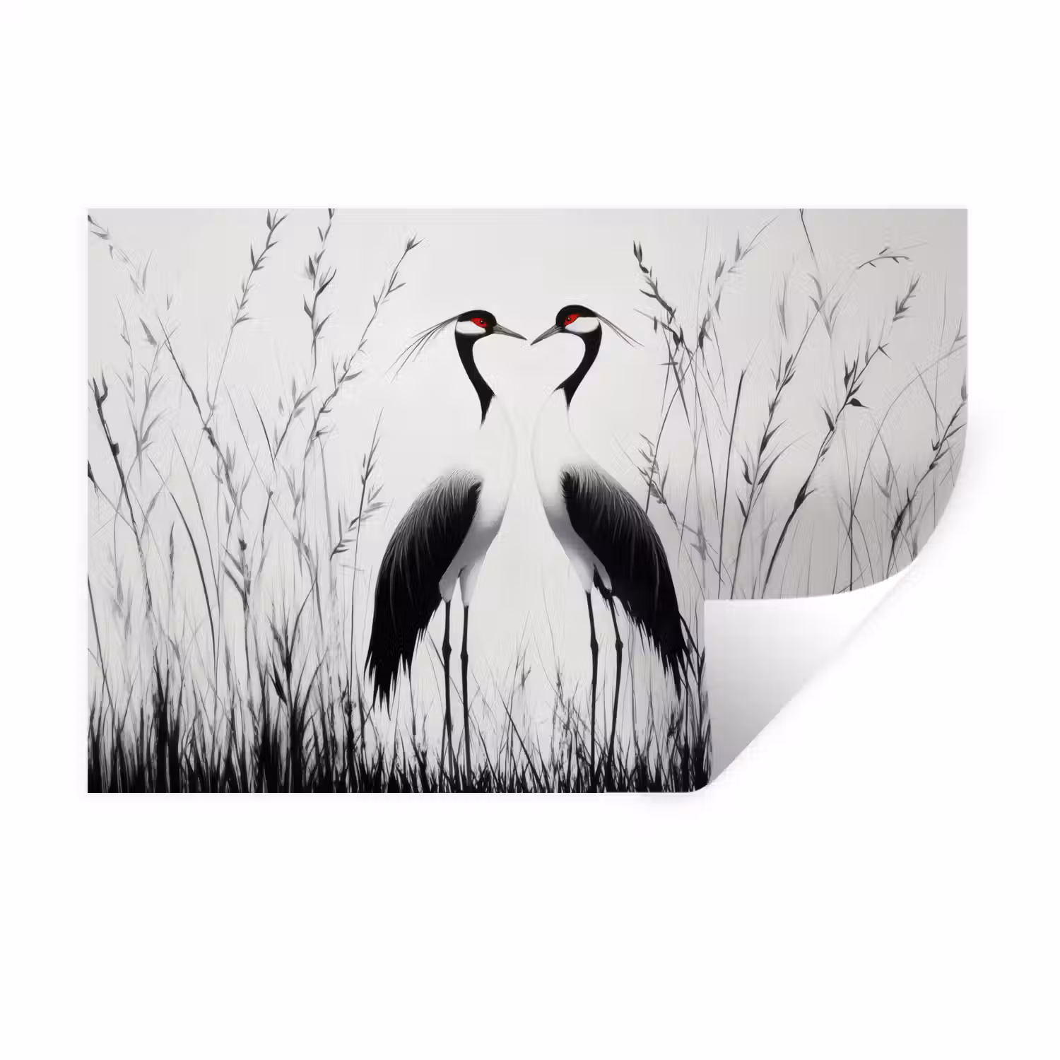 Kraanvogels - Gras - Hartvorm - Zwart Muursticker klein -3d