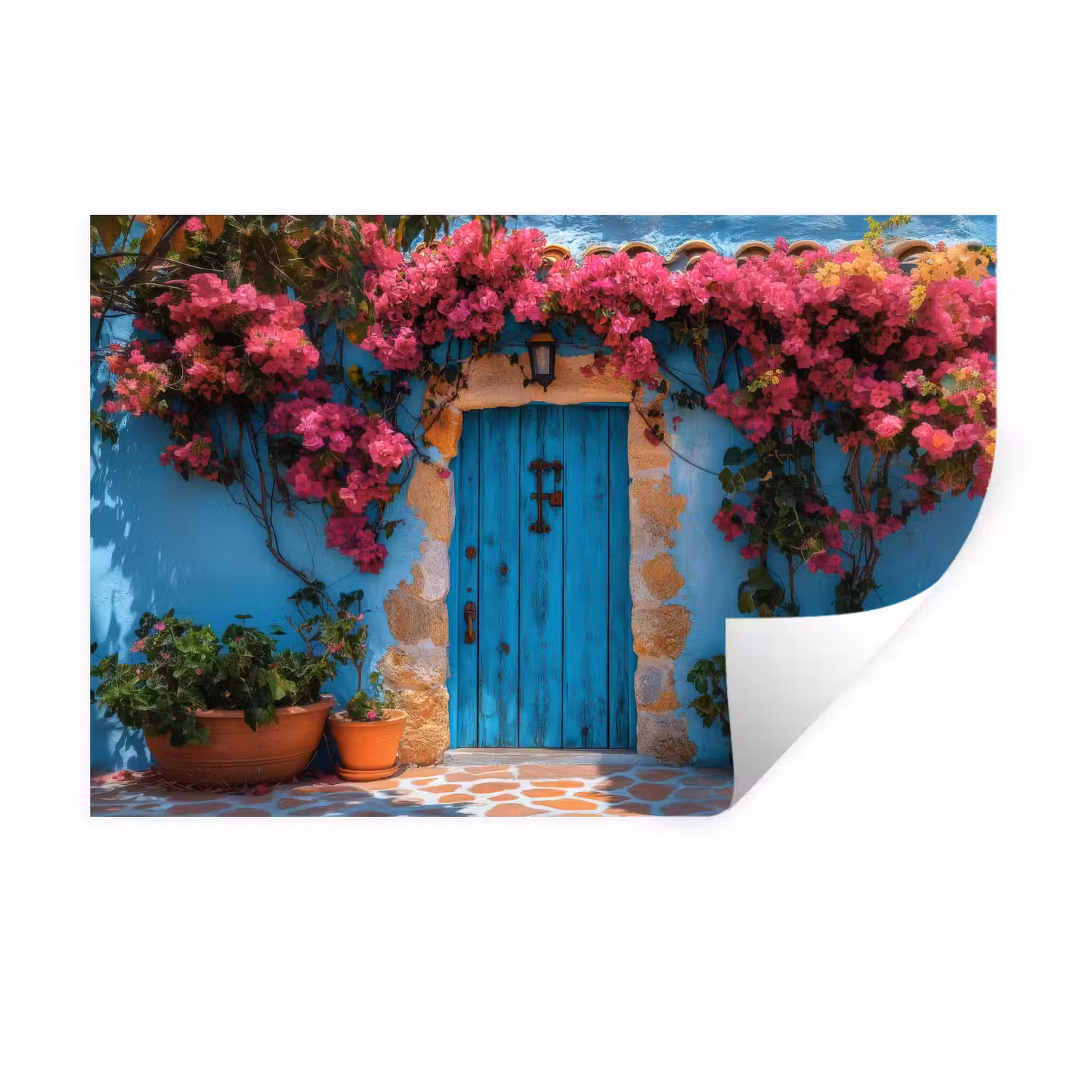 Deur - Hout - Bloemen - Blauw Muursticker klein -3d