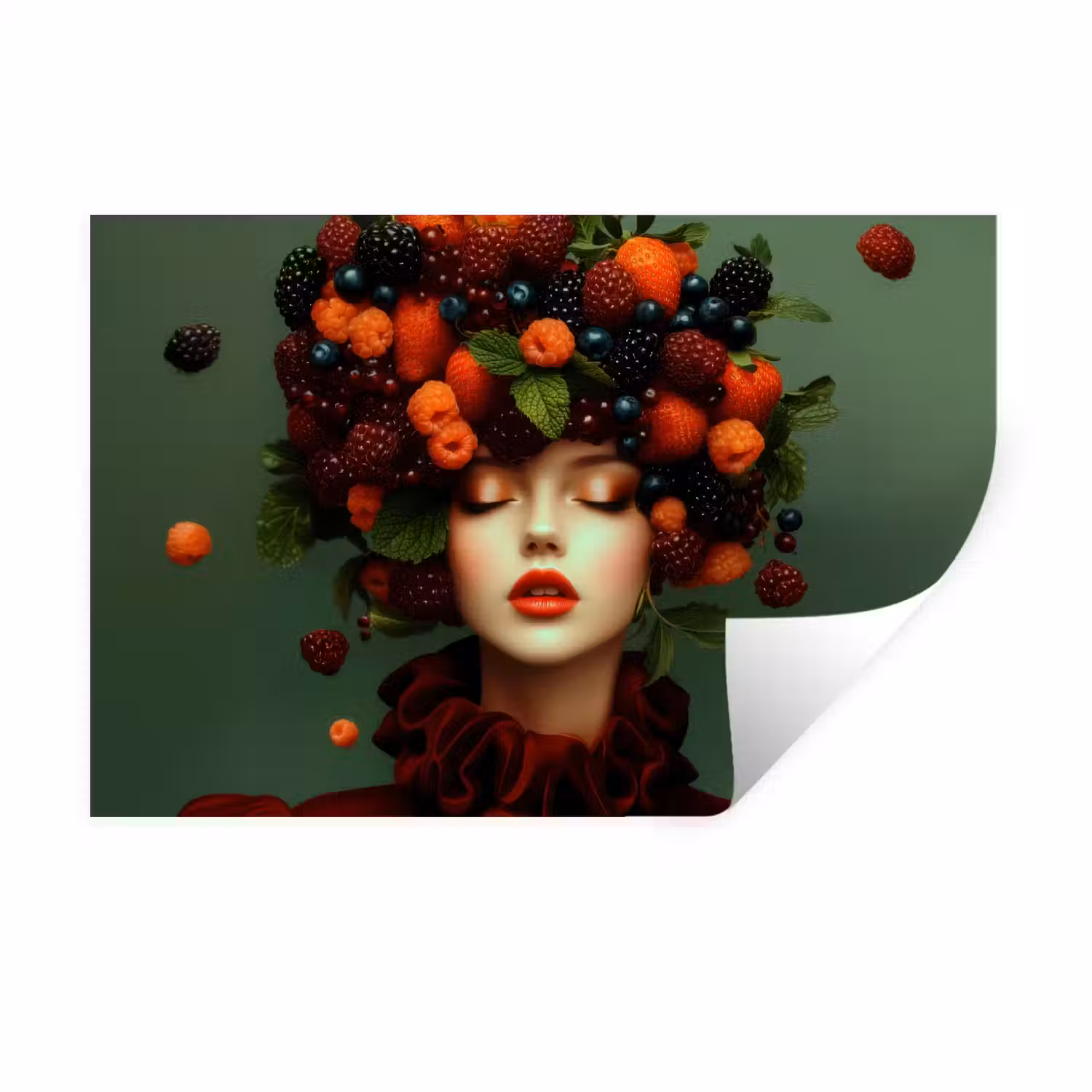 Vrouw - Aardbeien - Frambozen - Bramen - Bessen Muursticker klein -3d