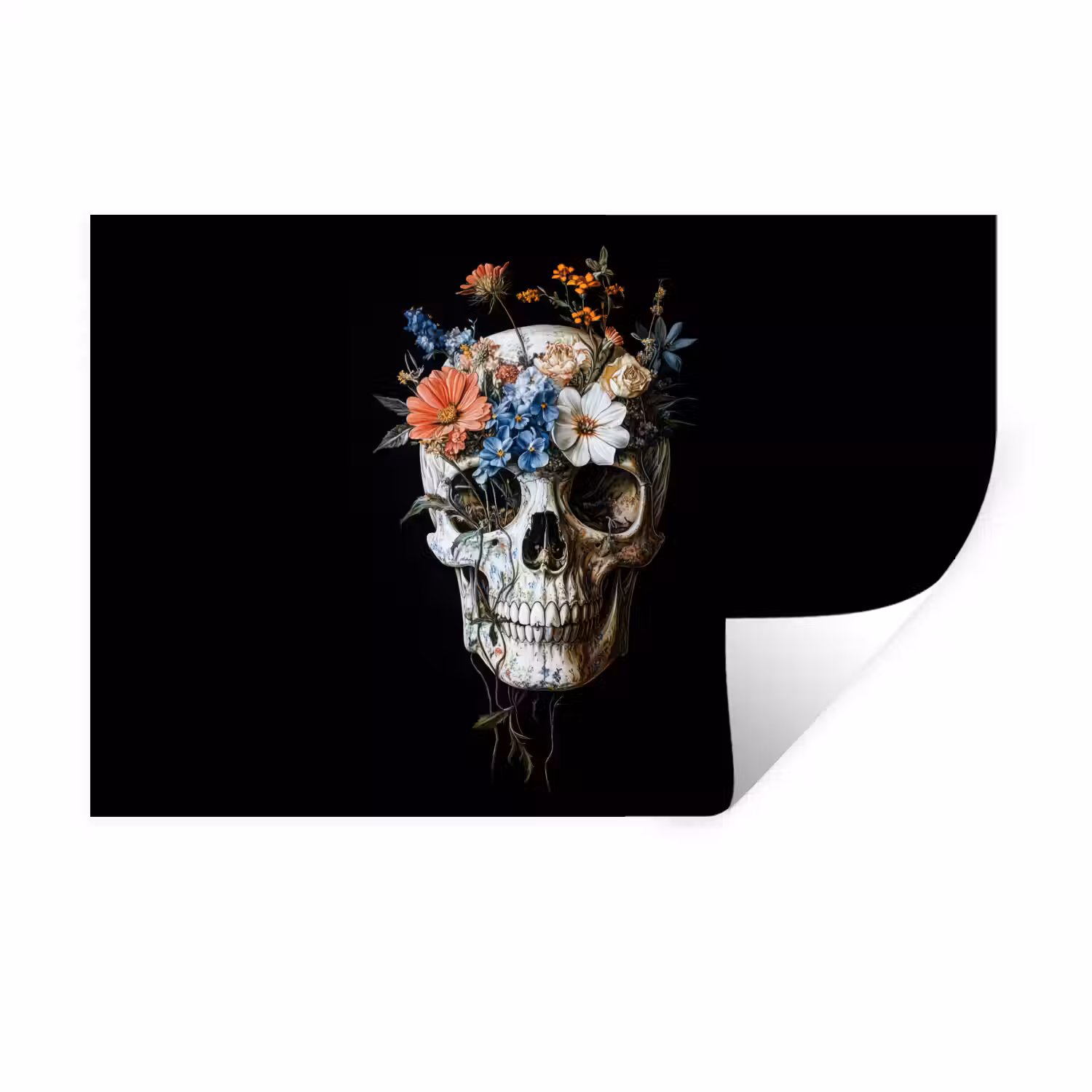 Bloemen - Schedel - Kleurrijk Muursticker klein -3d