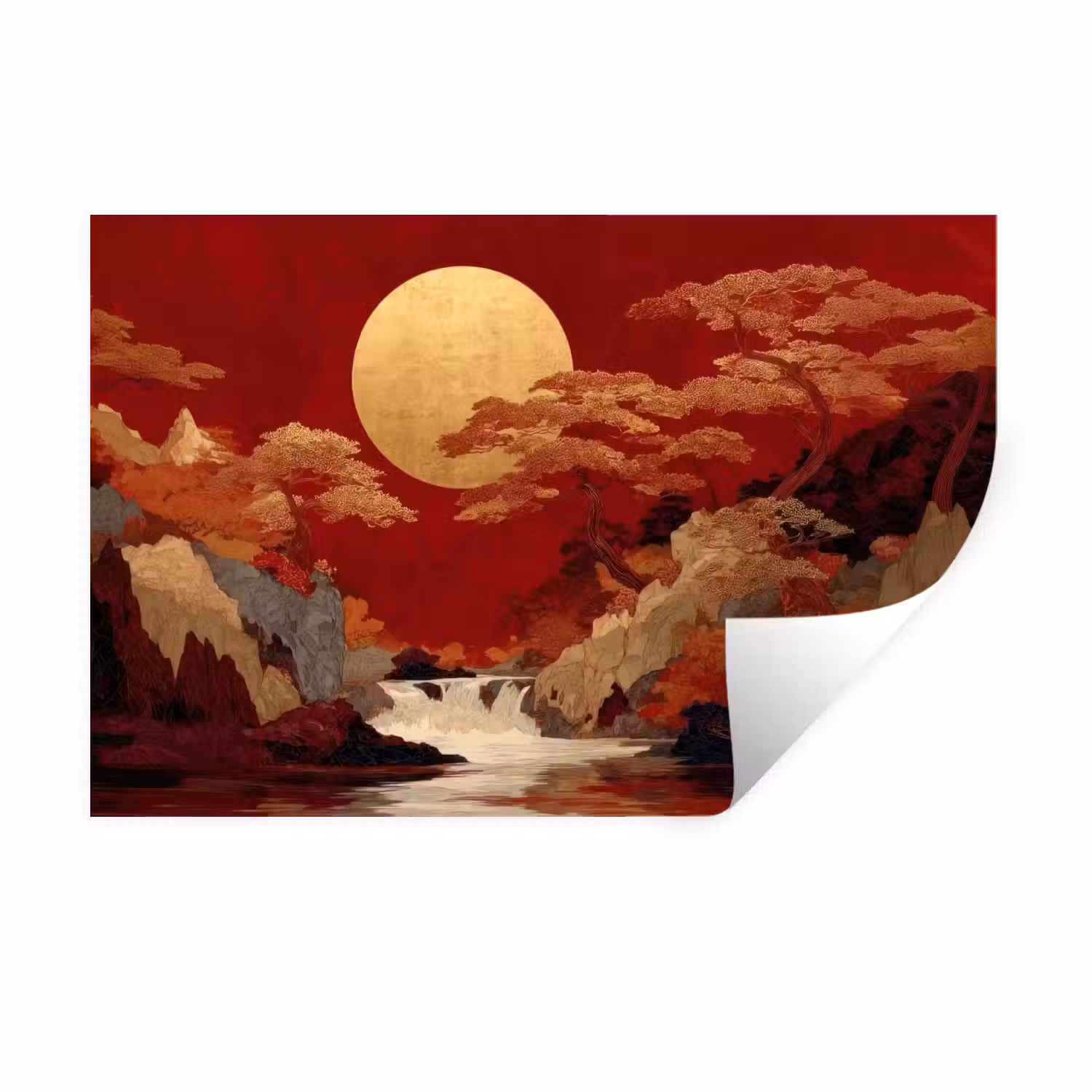 Volle maan - Landschap - Waterval Muursticker klein -3d