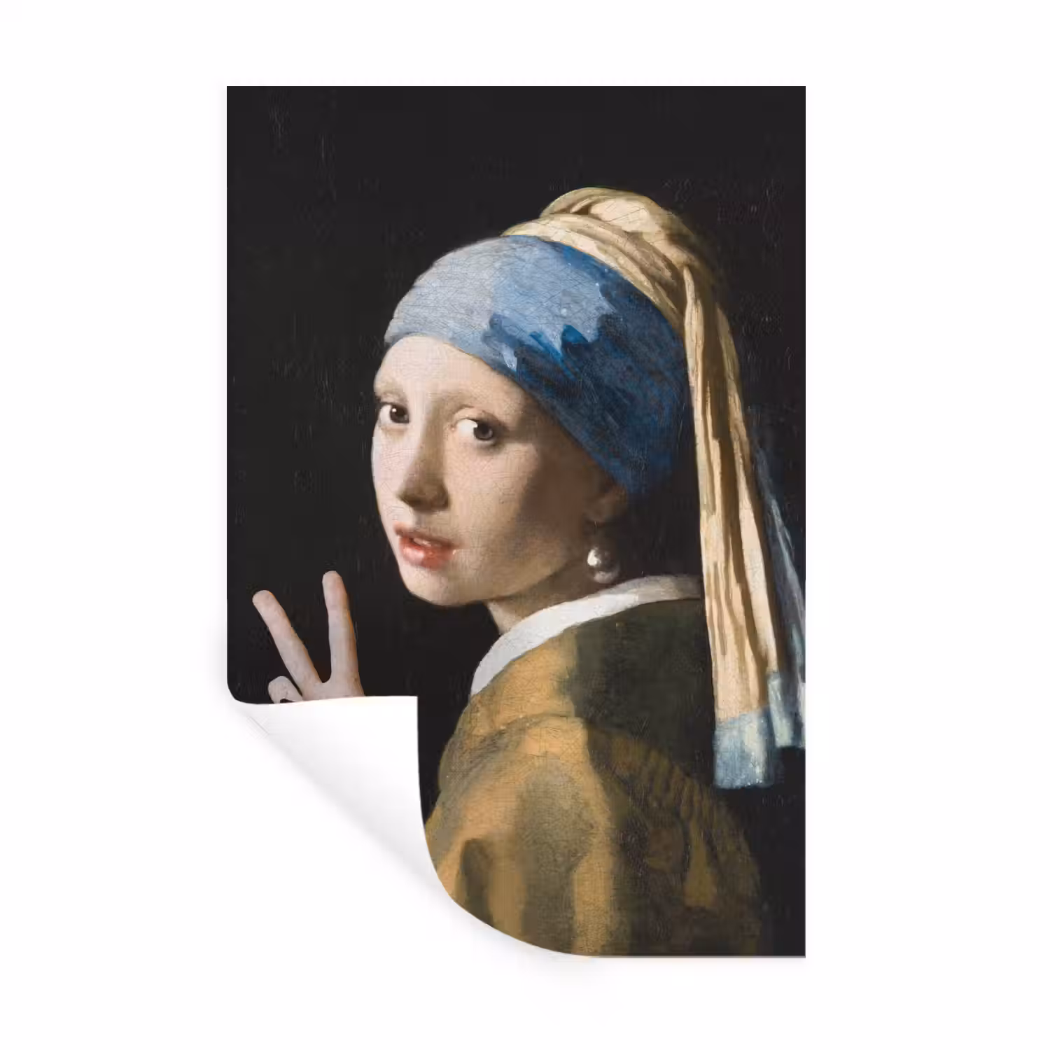 Meisje met de parel - Johannes Vermeer - Peace Muursticker klein -3d