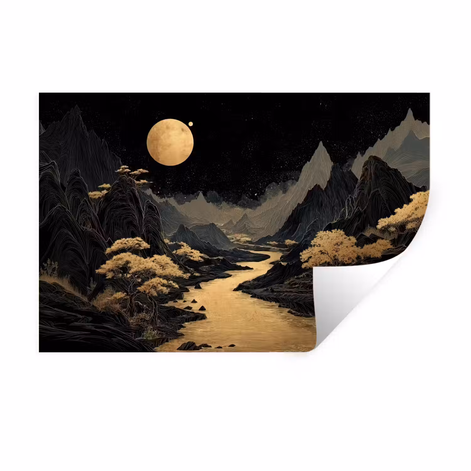 Gouden rivier - Bergen - Maan - Sterrenhemel Muursticker klein -3d