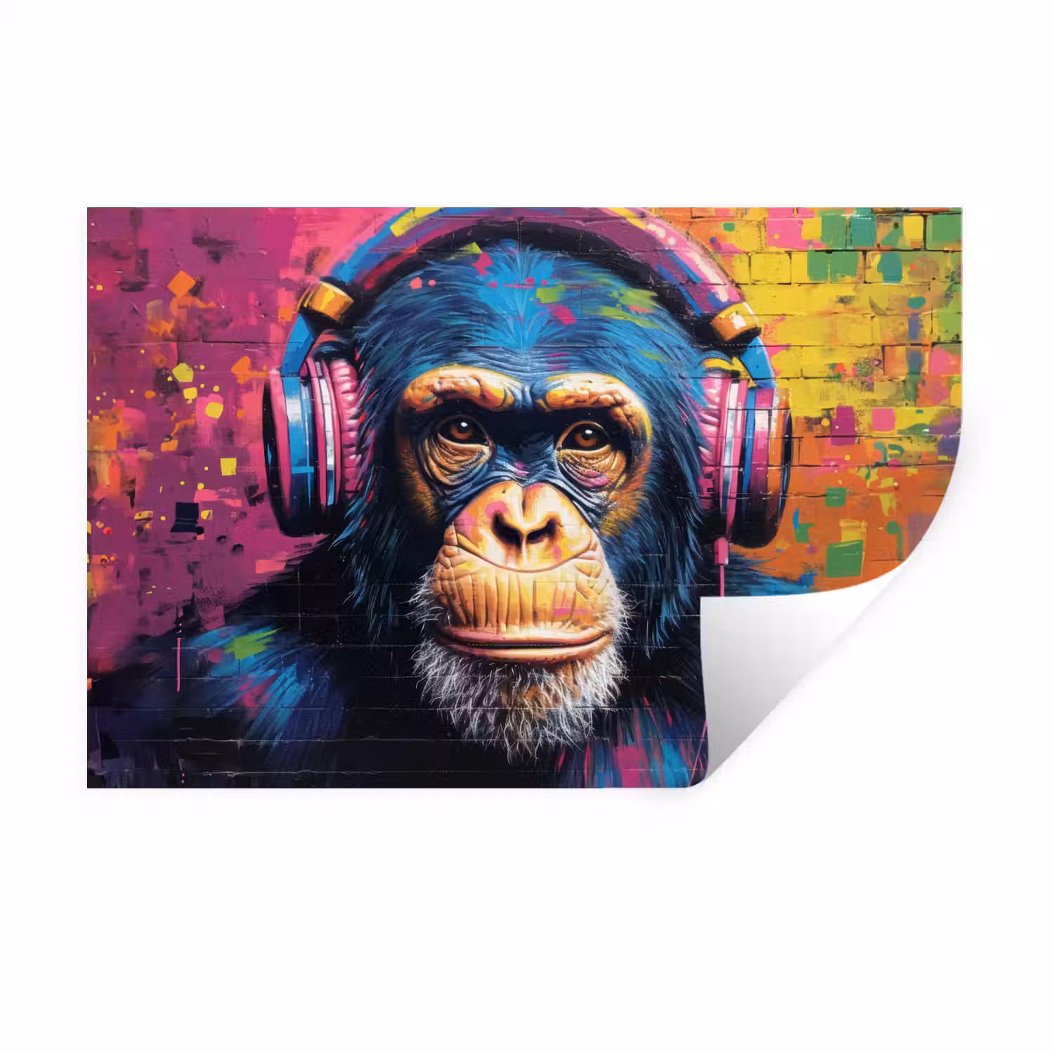 Graffiti - Chimpanzee - Street art - Koptelefoon - Aap Muursticker klein -3d