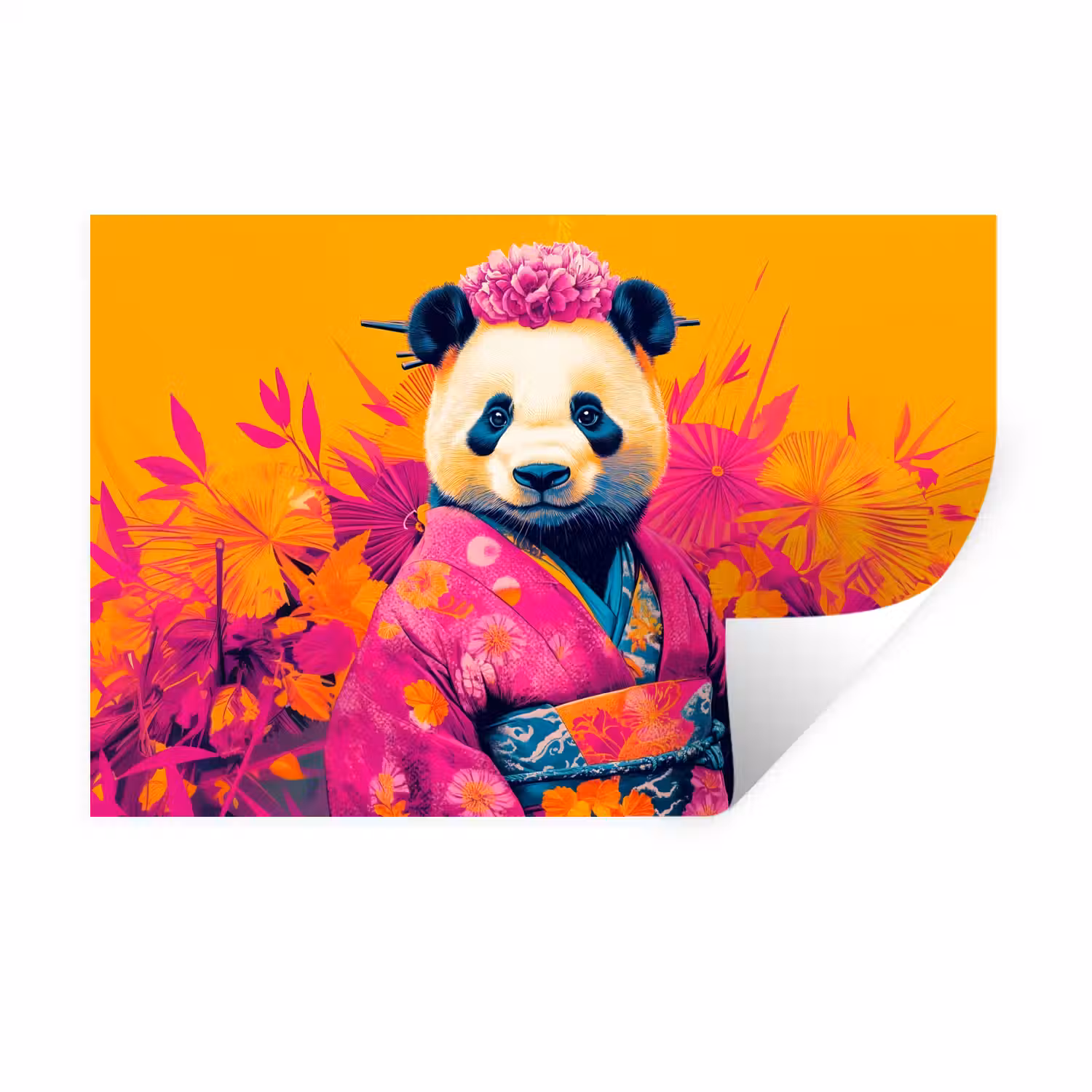 Kimono - Roze - Panda - Bloemenkroon Muursticker klein -3d