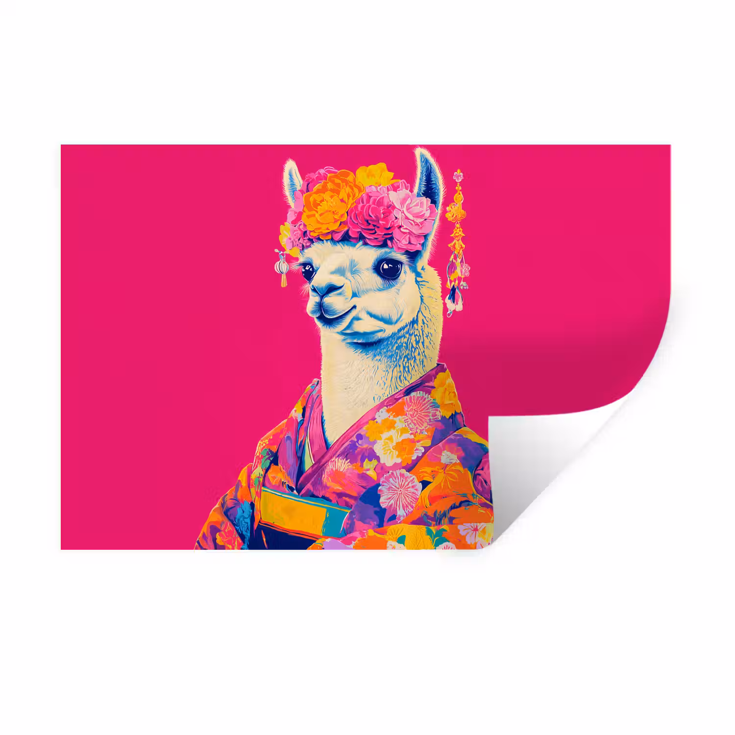 Lama - Kimono - Bloemenkrans - Felroze Muursticker klein -3d