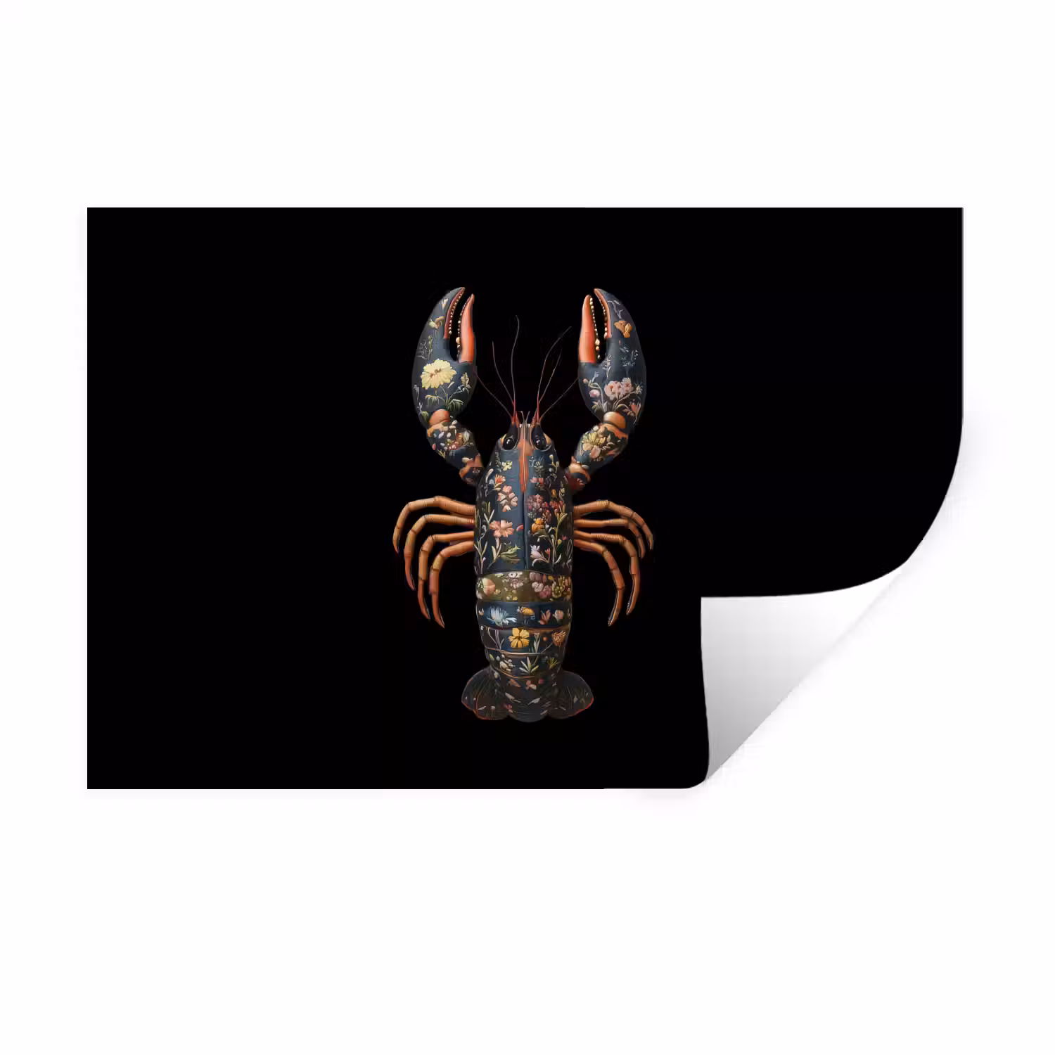 Kreeft - Zwart - Bloemenpatroon - Artistiek Muursticker klein -3d