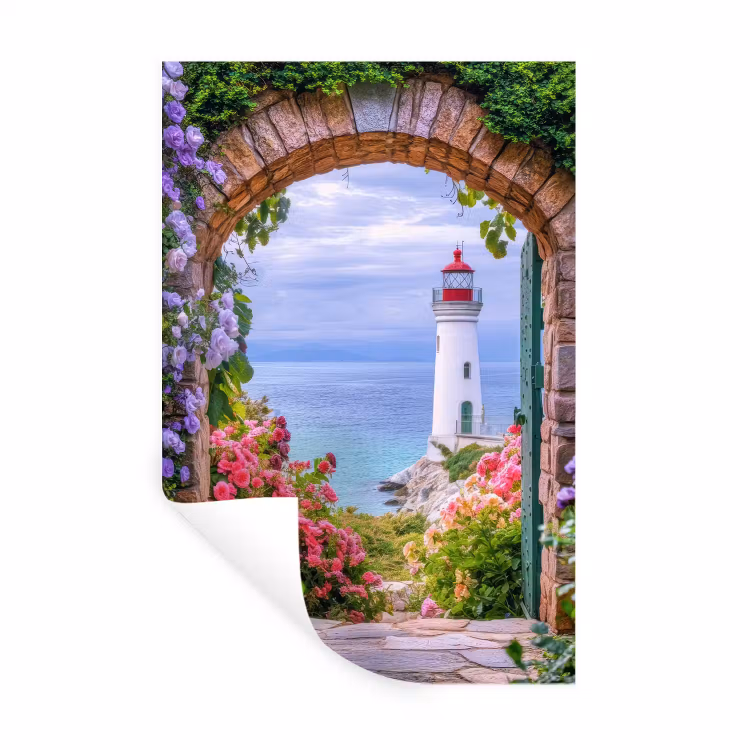 Doorkijk - Vuurtoren - Bloemen - Uitzicht Muursticker klein -3d