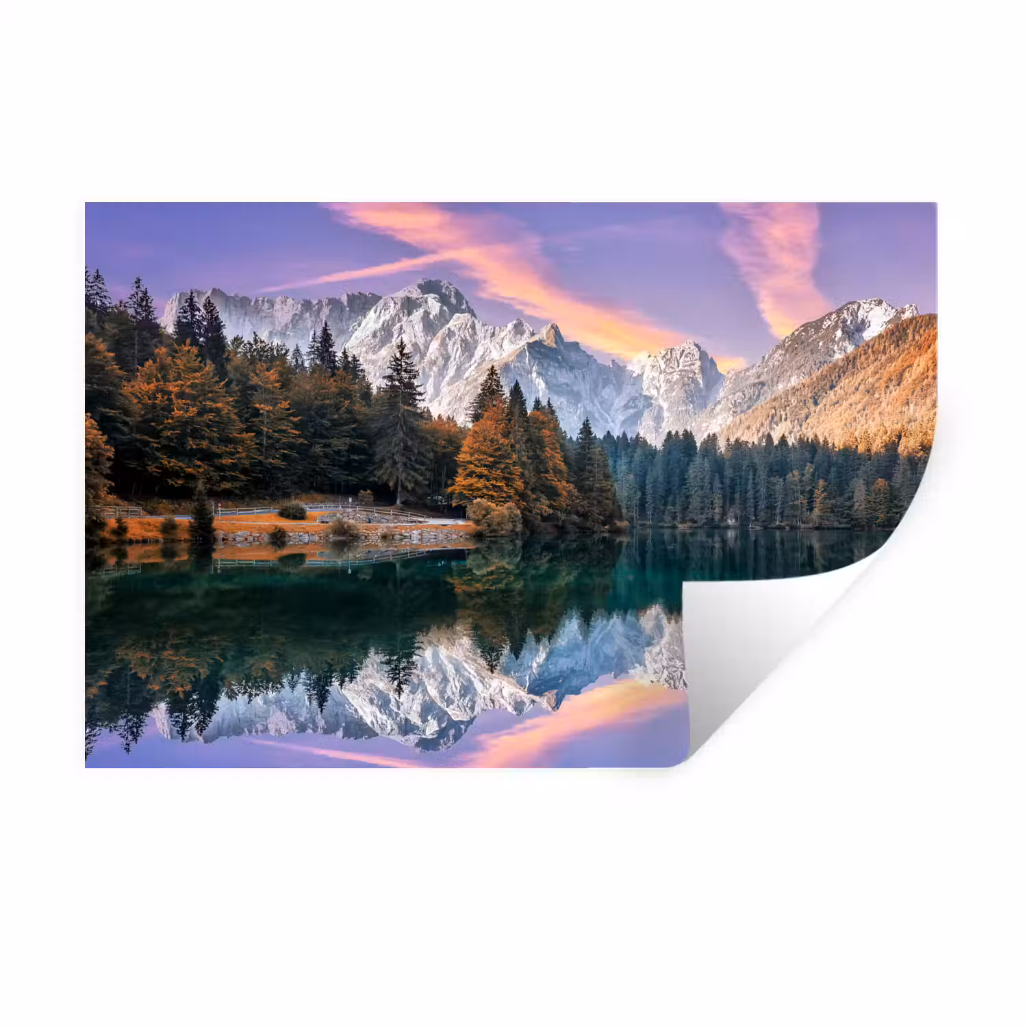 Bergen - Bos - Water - Lucht - Roze - Paars Muursticker klein -3d