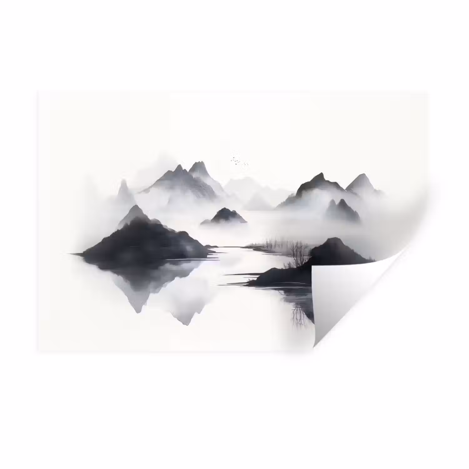 Bergen - Mistig - Water - Wit Muursticker klein -3d