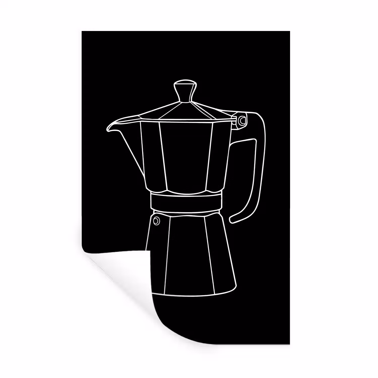 Mokkapot - Zwart - Wit - Lijntekening Muursticker klein -3d