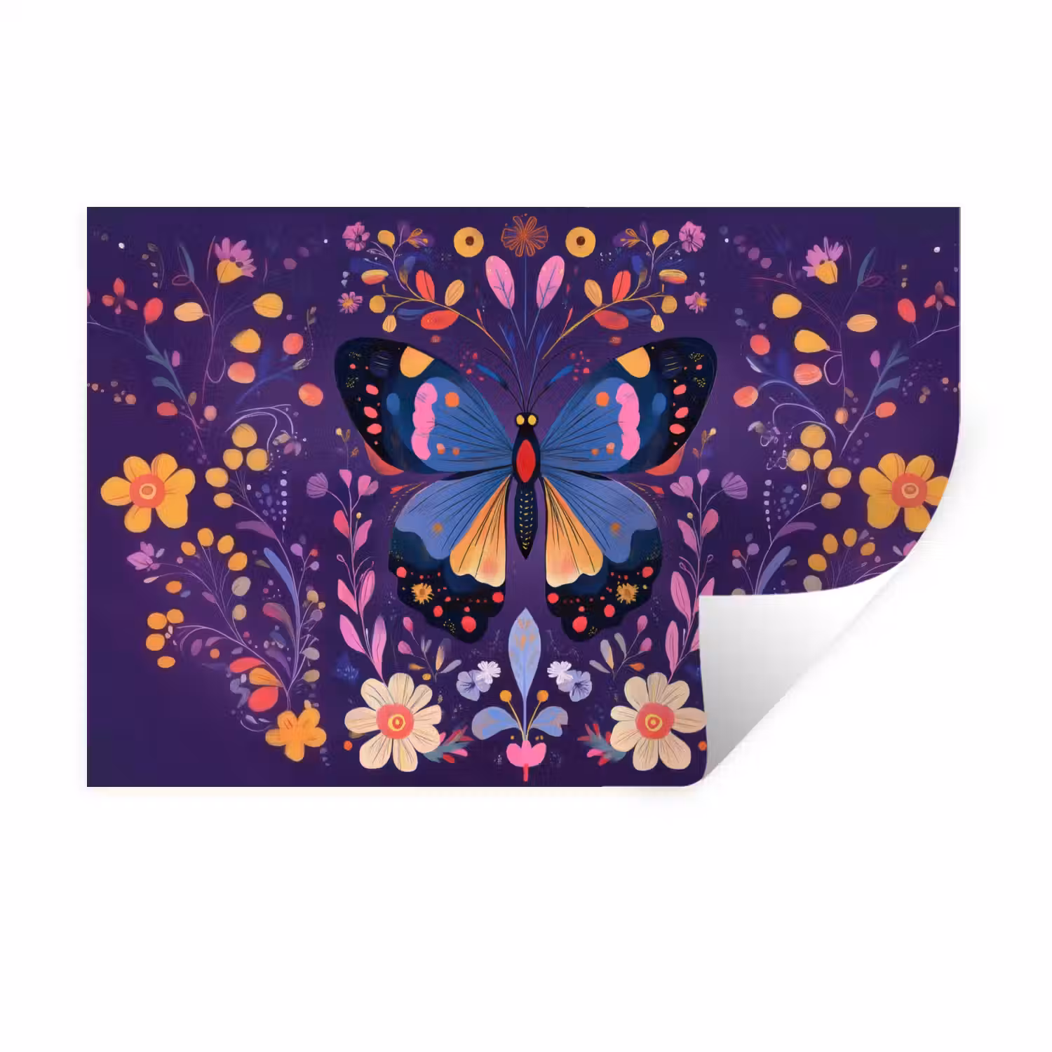 Sierlijk - Bloemen - Vlinder - Paars Muursticker klein -3d