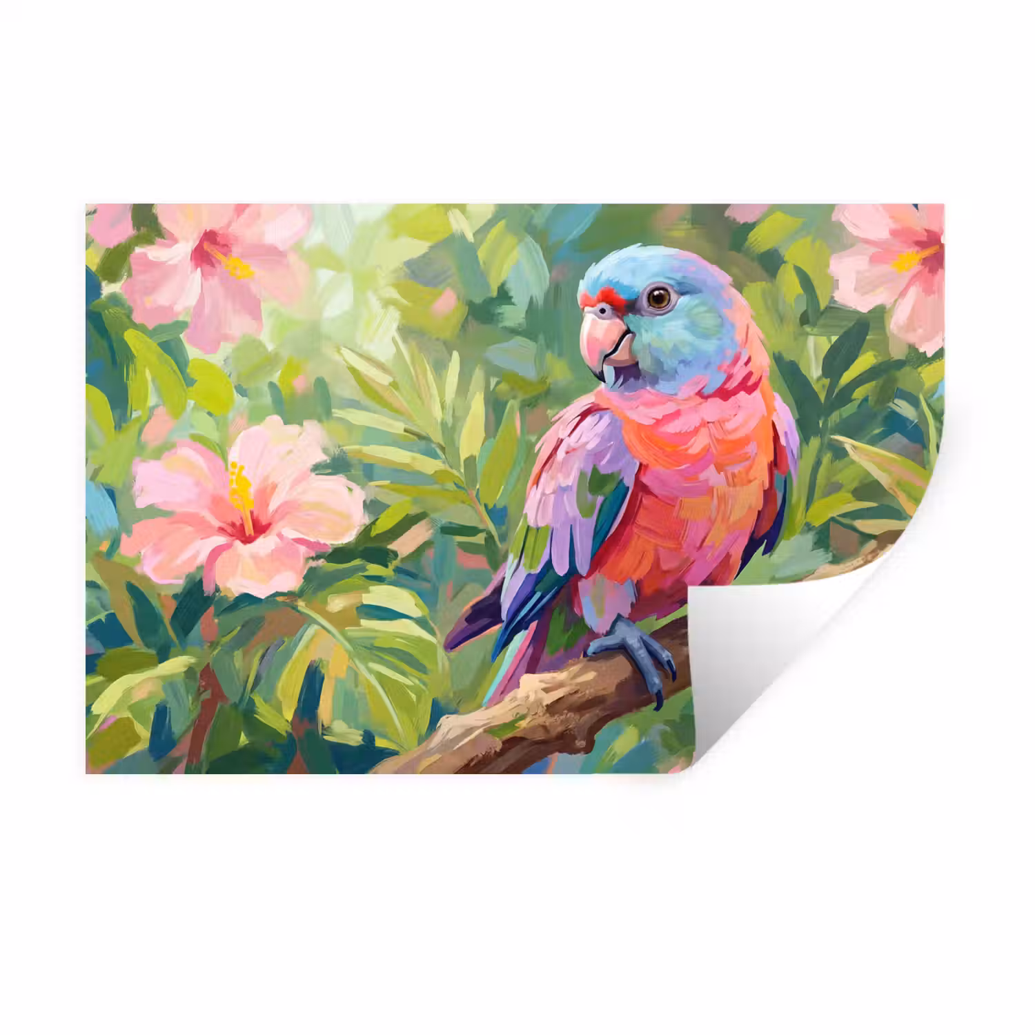 Papagaai - Hibiscusbloemen - Kleurrijk Muursticker klein -3d