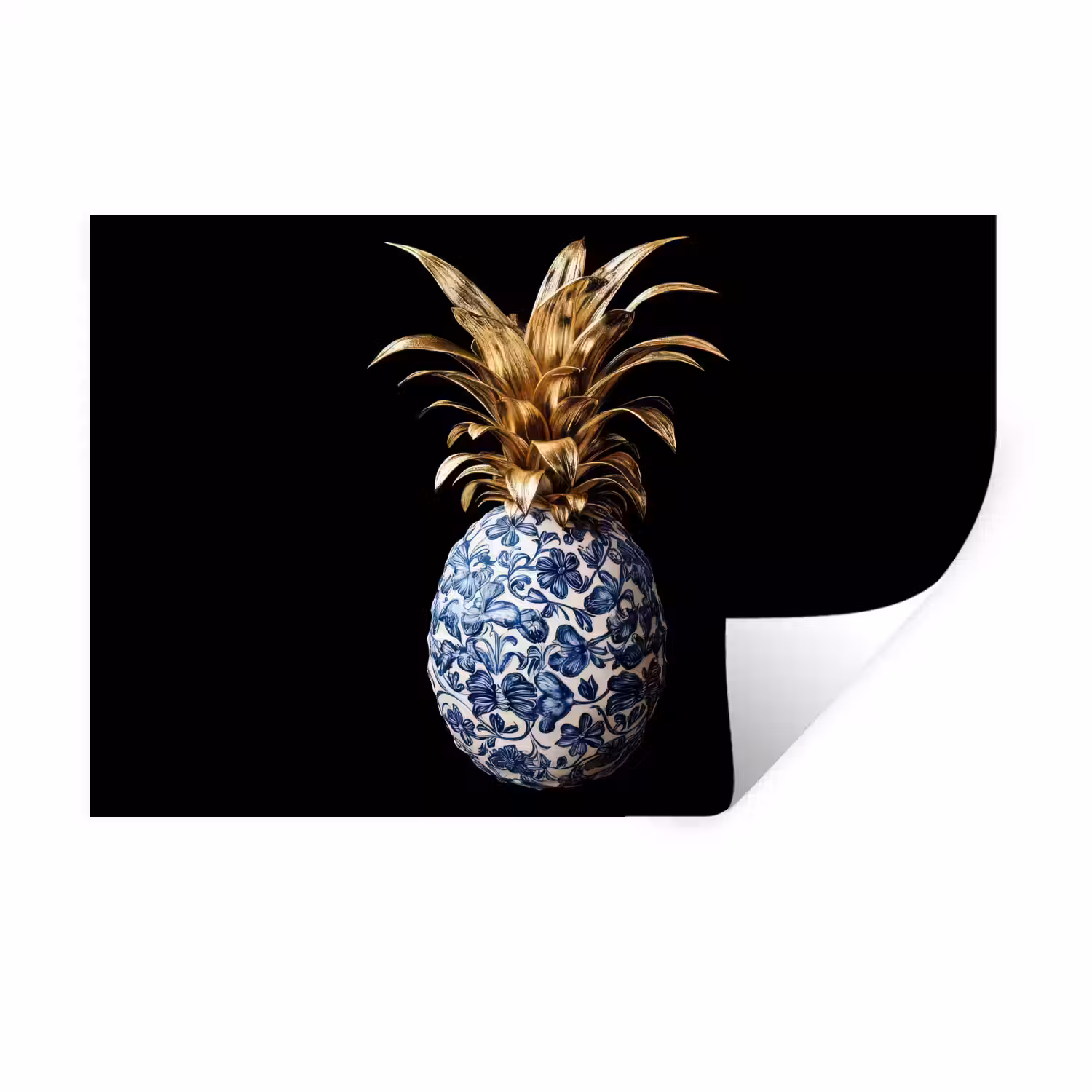 Ananas - Bloemen patroon - Goud - Delftsblauw Muursticker klein -3d