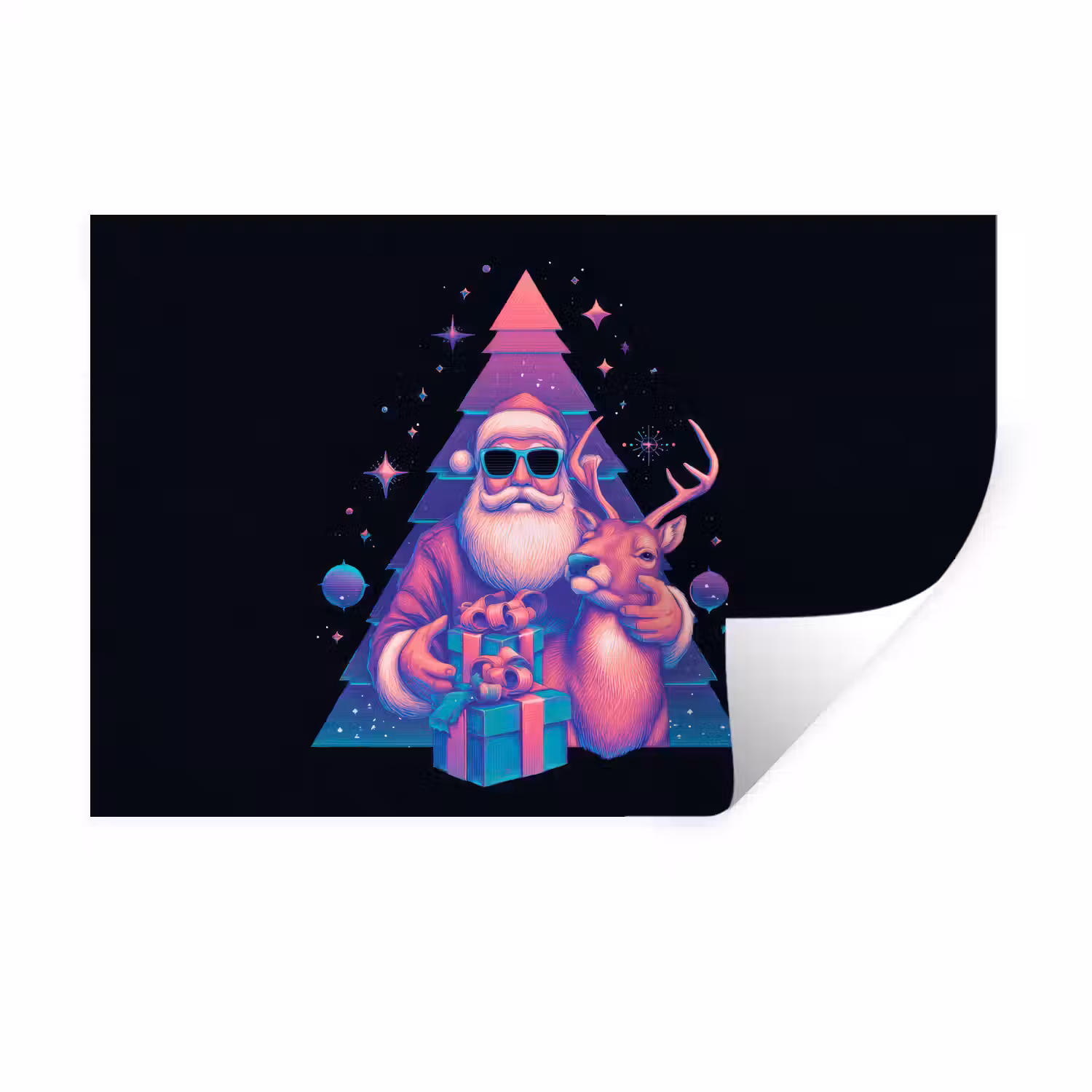 Retro - Kerstman - Rendieren - Kerstboom Muursticker klein -3d