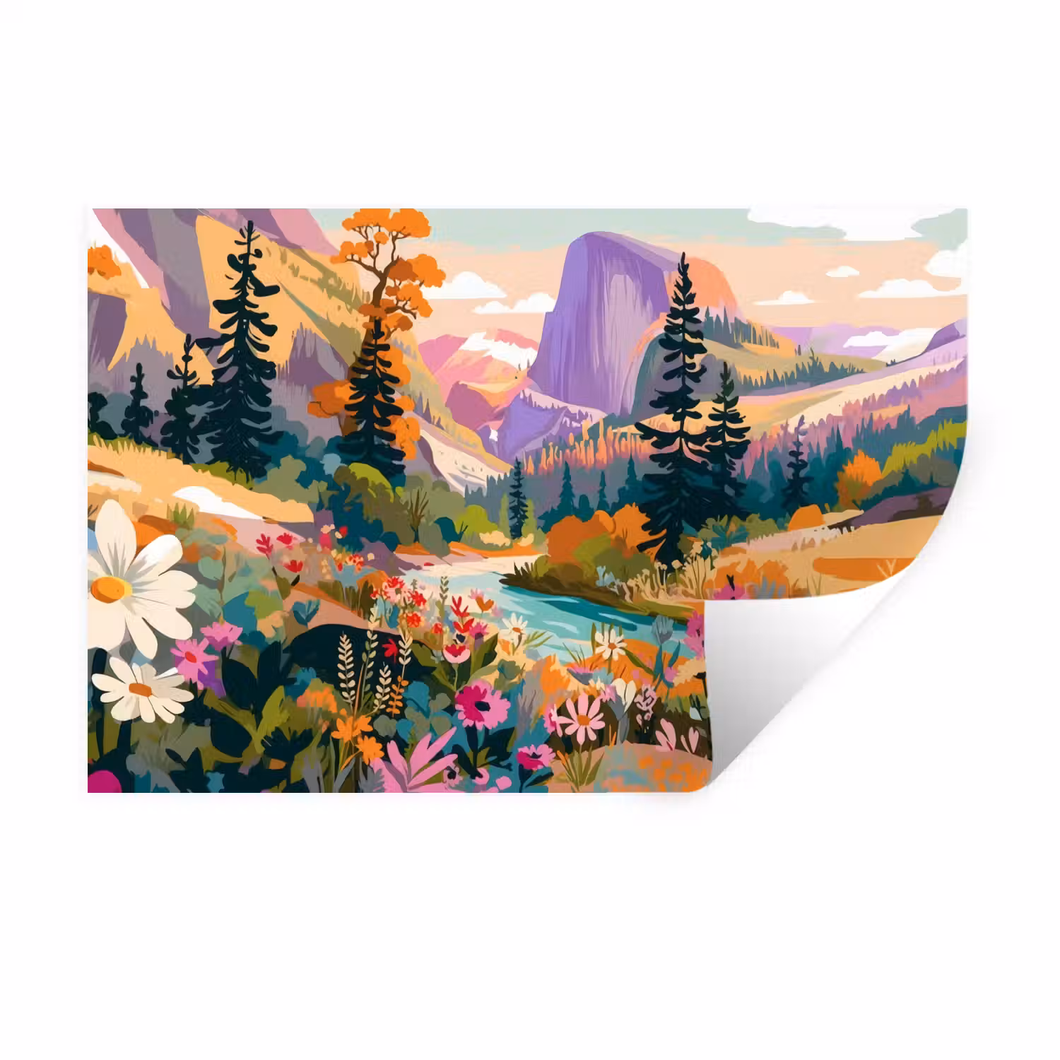 Rivier - Vallei vol bloemen - Levendig Muursticker klein -3d