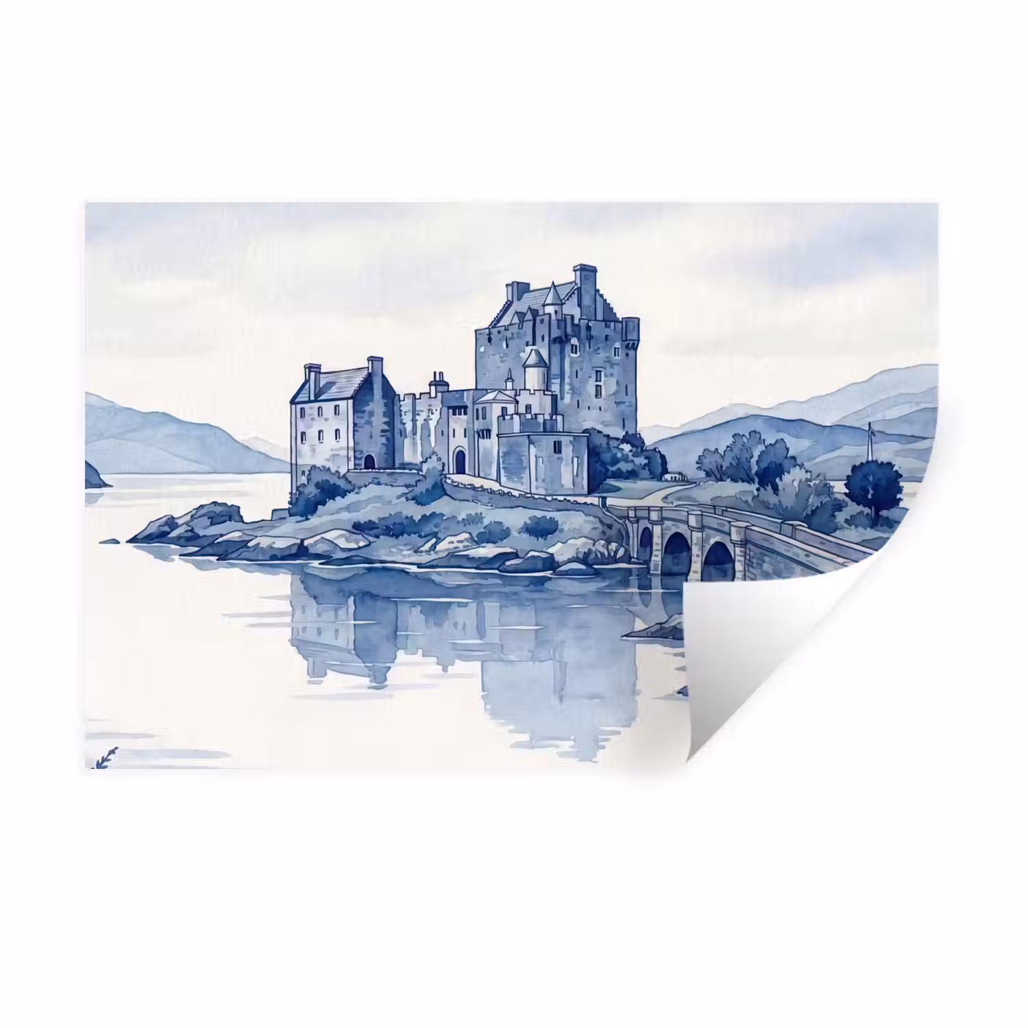 Schots - Kasteel - Blauw - Aquarel Muursticker klein -3d