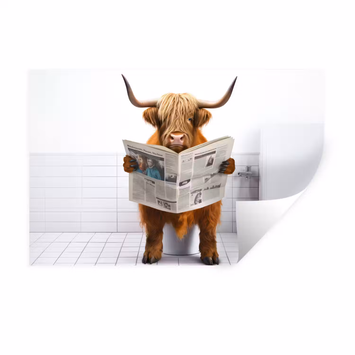 Schotse hooglander - Krant - Toilet - WC - Wit - Koe Muursticker klein -3d