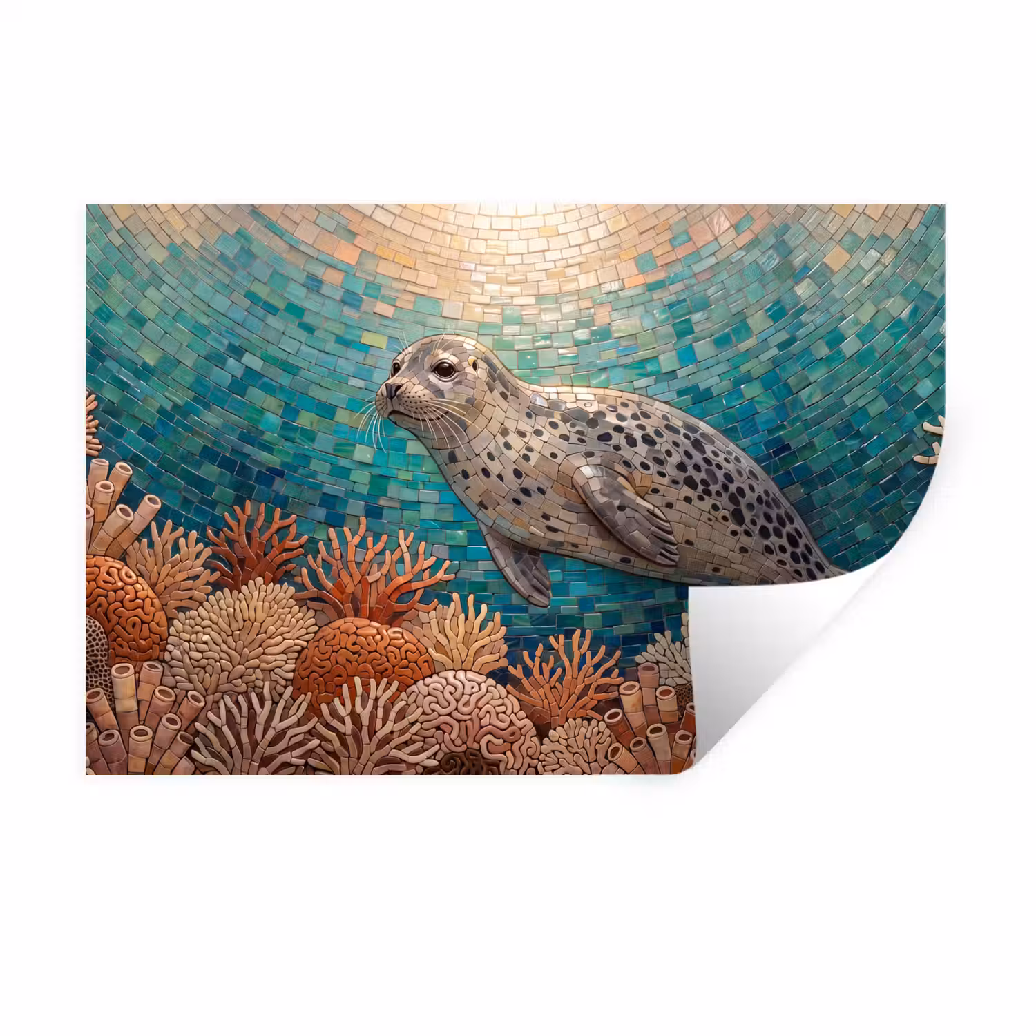Zeehond - Mozaïek - Onderwater - Dieren - Blauw Muursticker klein -3d