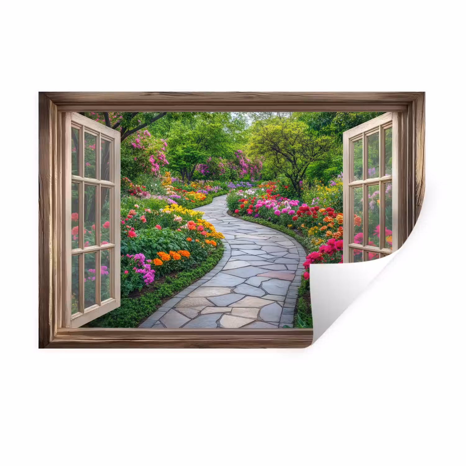 Doorkijk - Bloemen - Tuinpad - Natuur - Raam Muursticker klein -3d