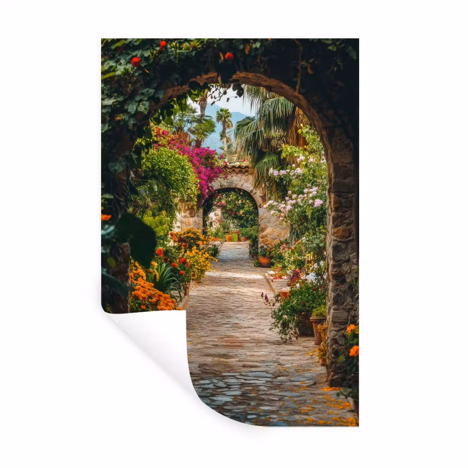Doorkijk - Bloemen - Poort - Stenen Muursticker klein -3d