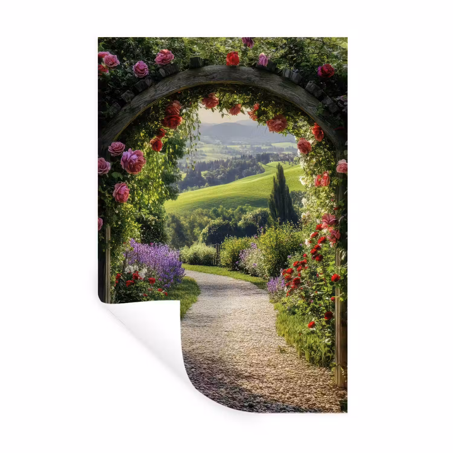 Doorkijk - Tuinboog - Bloemen - Natuur - Pad Muursticker klein -3d