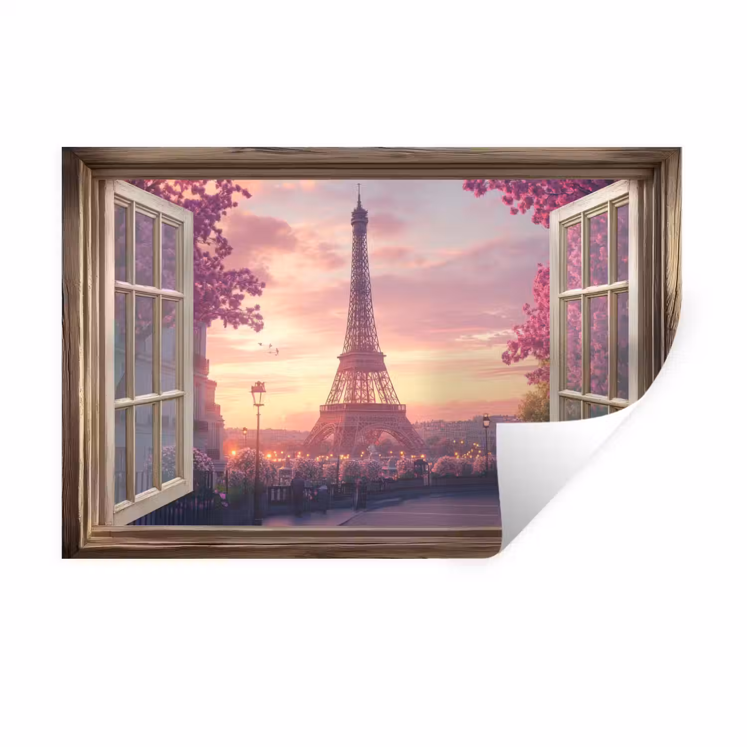 Doorkijk - Parijs - Eiffeltoren - Roze - Kersenbloesem Muursticker klein -3d