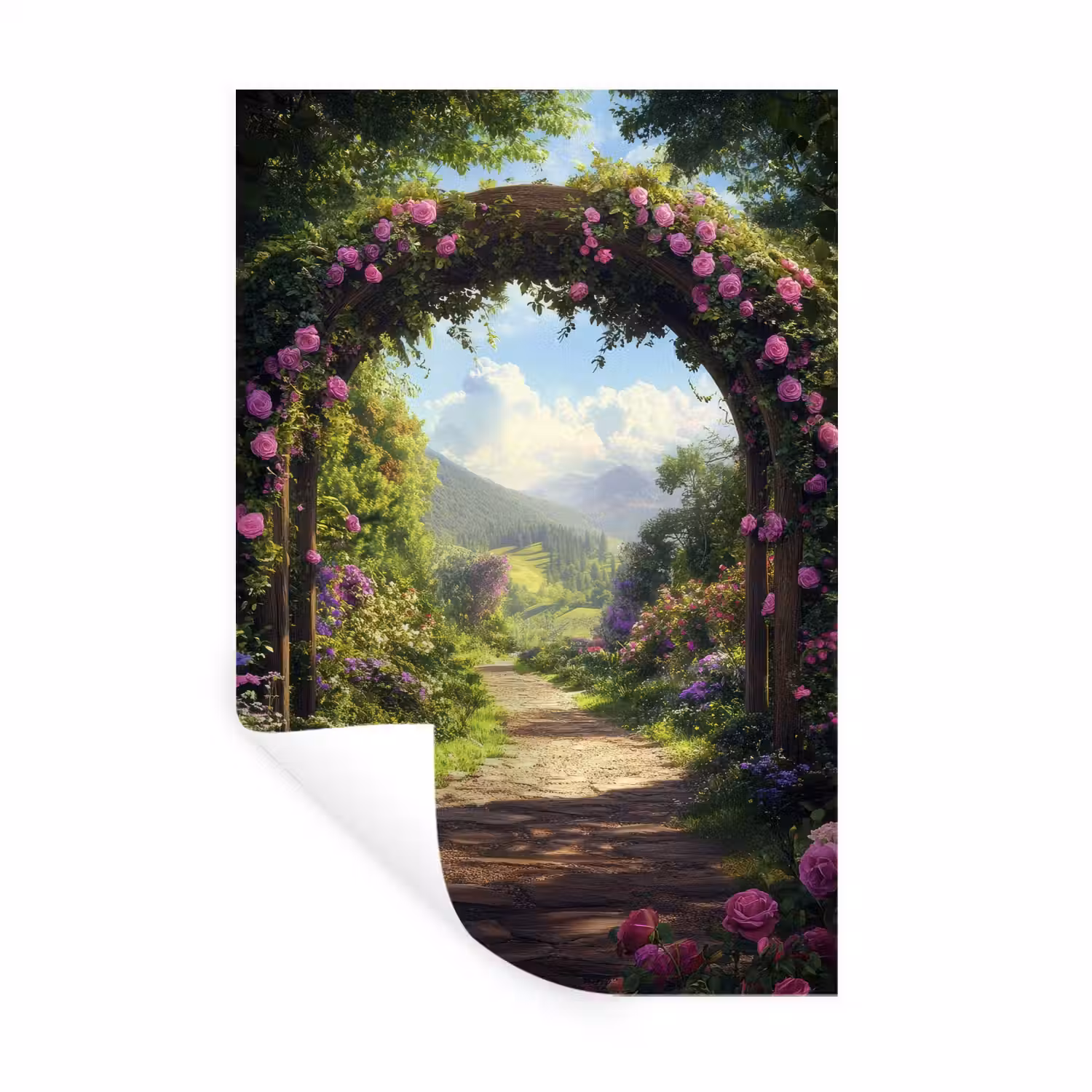 Doorkijk - Rozenboog - Uitzicht - Landschap - Bloemen Muursticker klein -3d