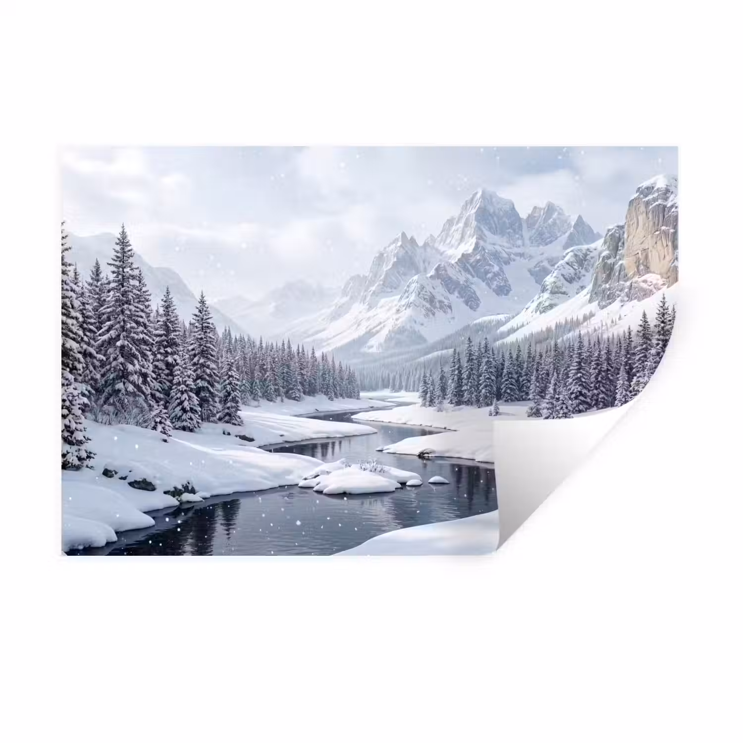 Sneeuwlandschap - Bergen - Rivier - Winter Muursticker klein -3d