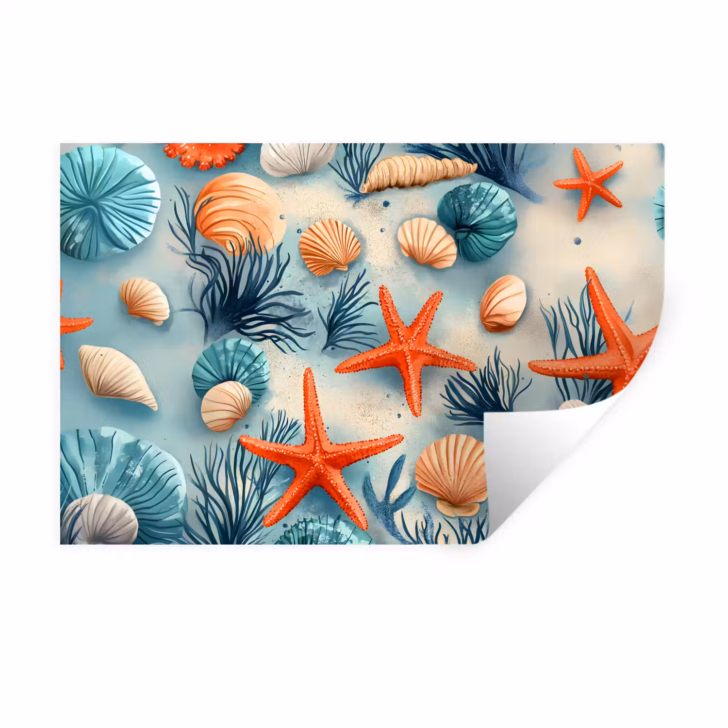 Zeesterren - Schelpen - Illustratie - Zand Muursticker klein -3d