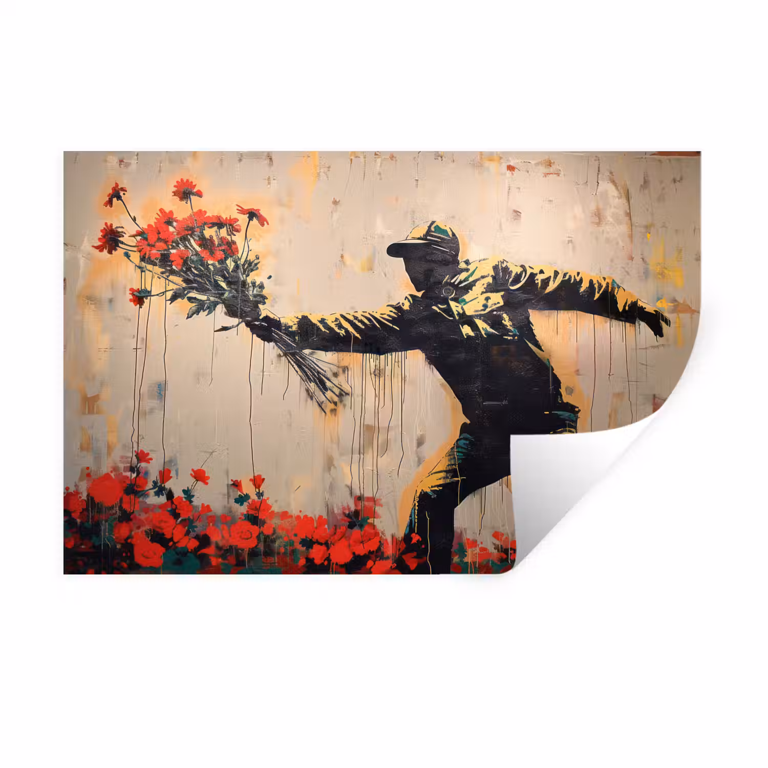 Street art - Man - Bloemen - Rood - Graffiti - Banksy Muursticker klein -3d
