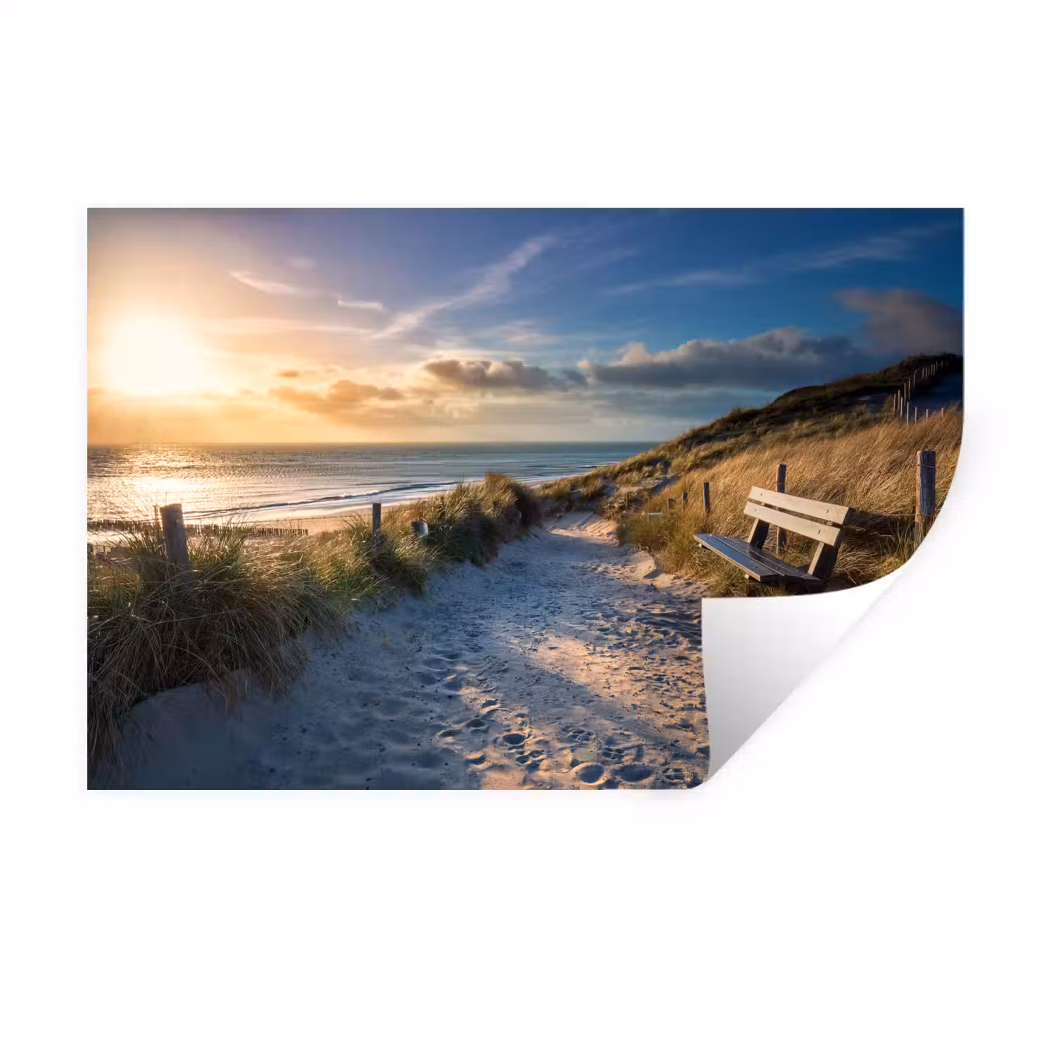 Zonsondergang - Strand - Duin - Gras - Bank Muursticker klein -3d