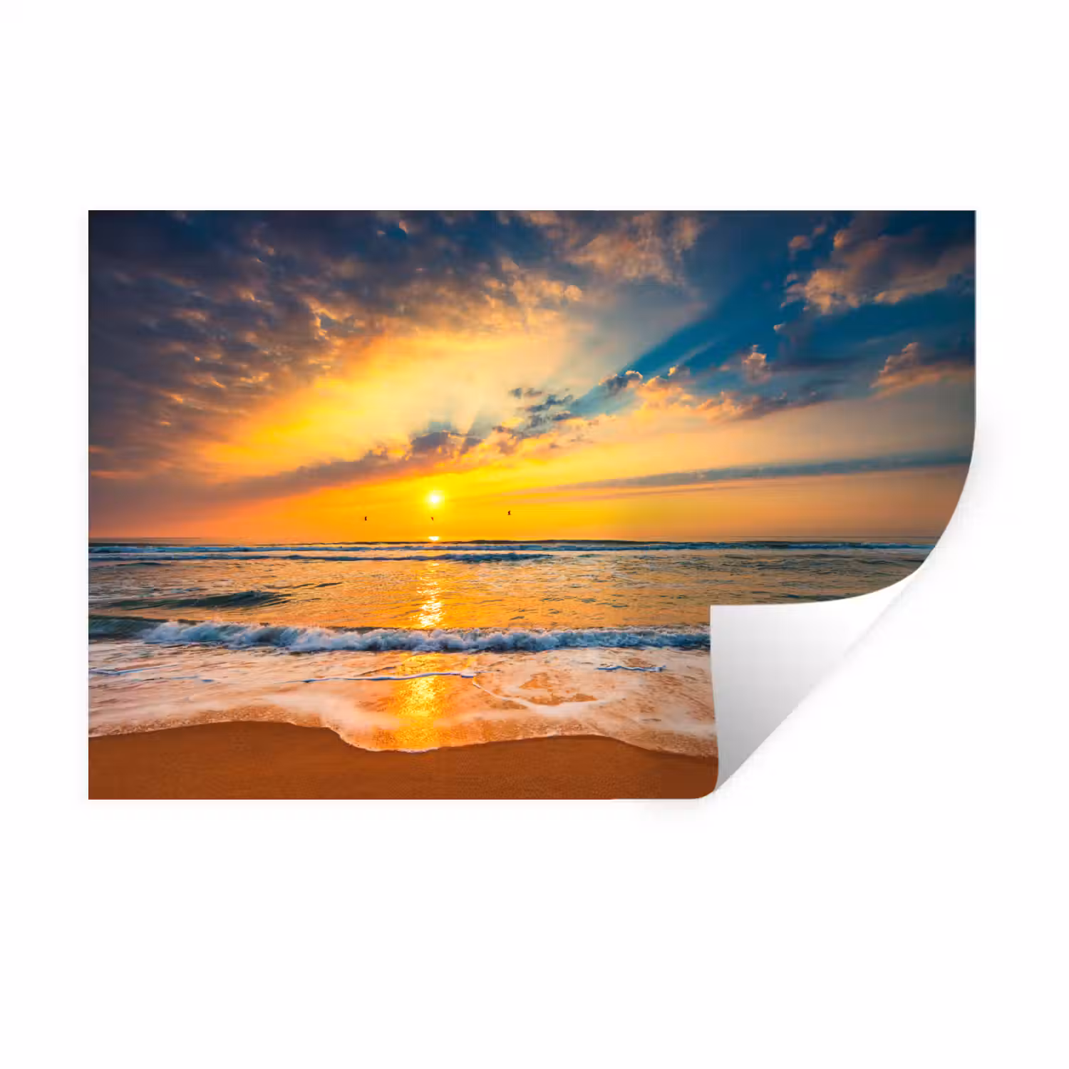 Zonsondergang - Strand - Zee - Wolken - Oranje Muursticker klein -3d