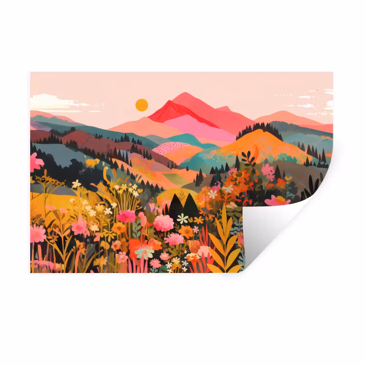 Zonsondergang - Bergvallei - Contrast Muursticker klein -3d