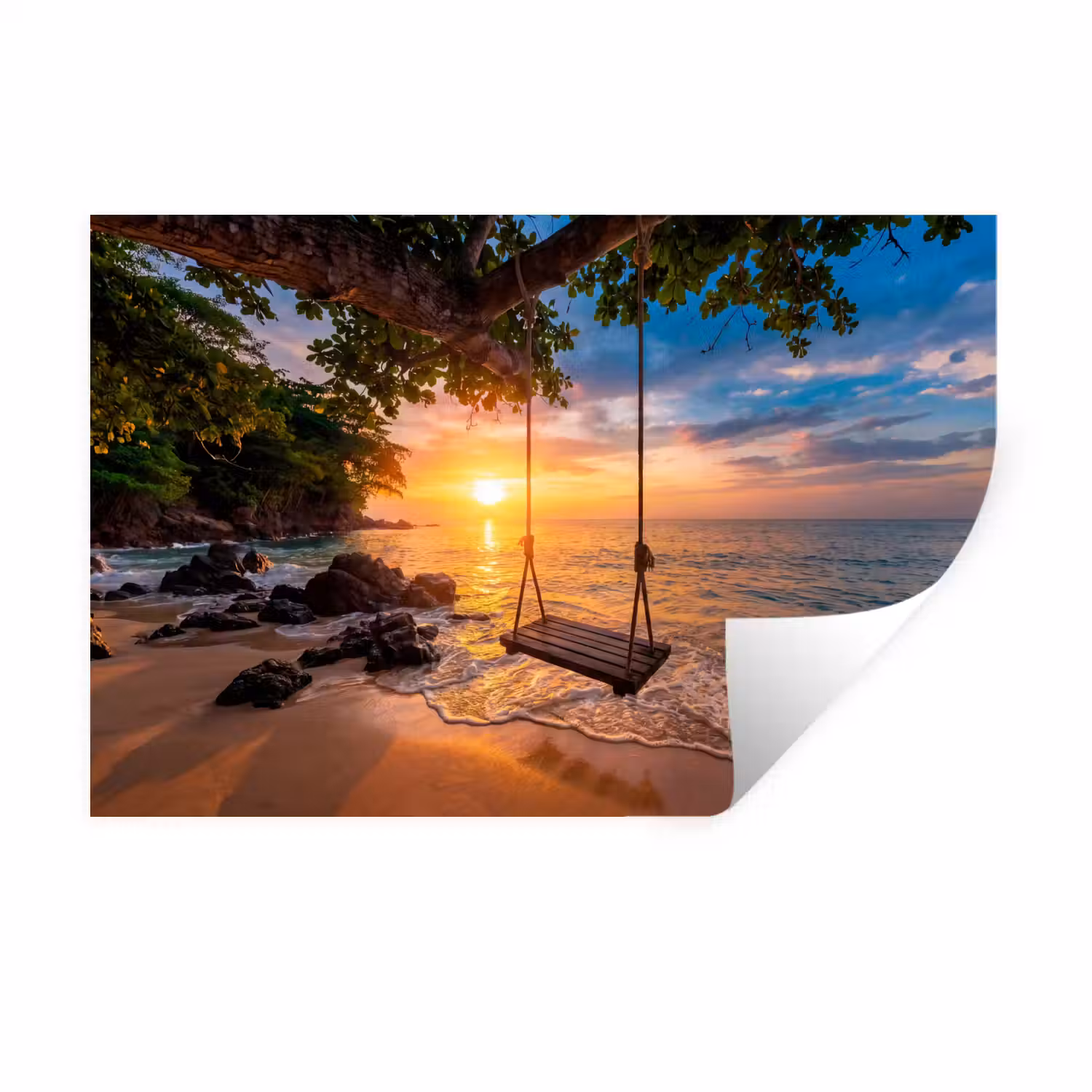 Schommel - Strand - Zonsondergang - Natuur - Oranje Muursticker klein -3d