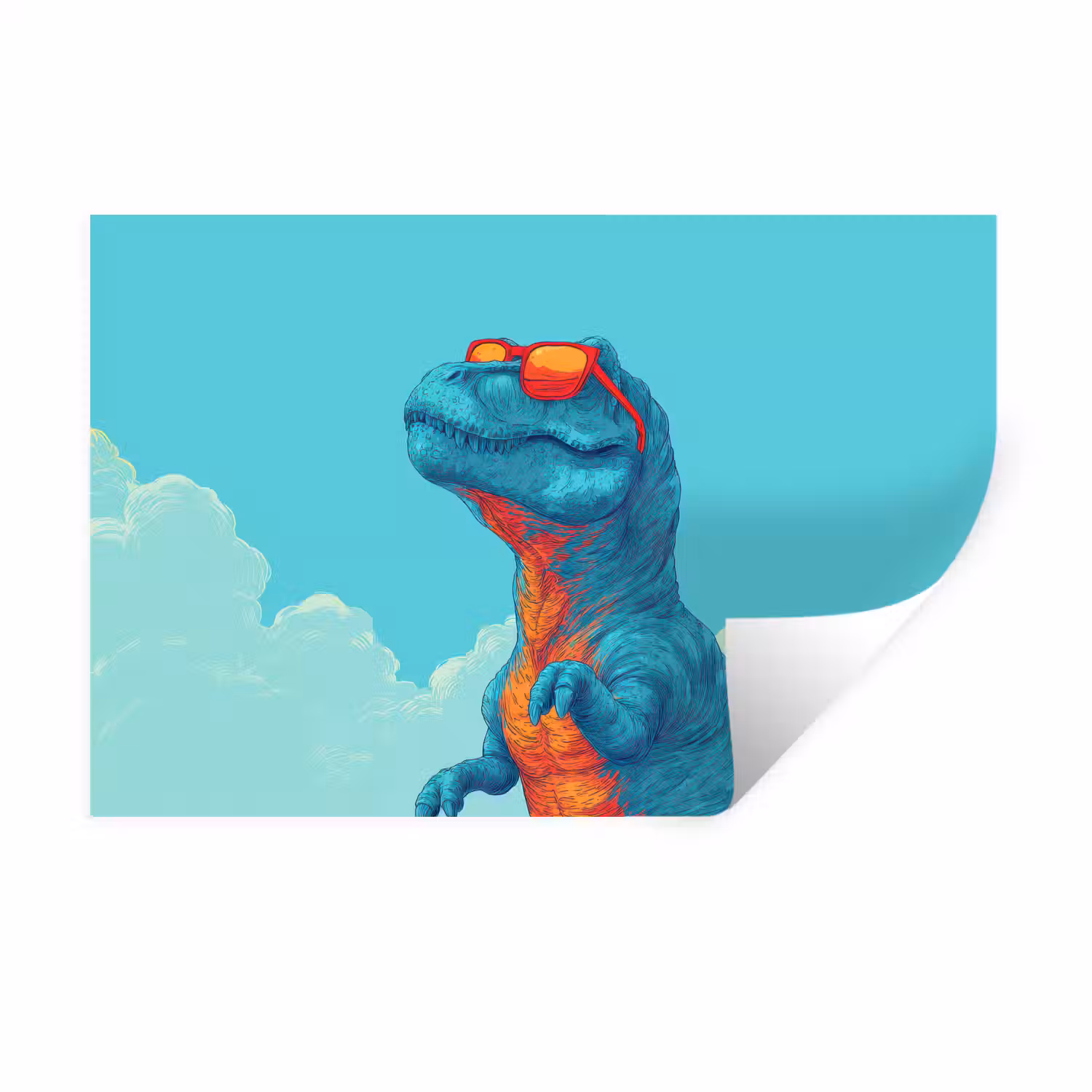 T-Rex - Blauw - Wolken - Zonnebril Muursticker klein -3d