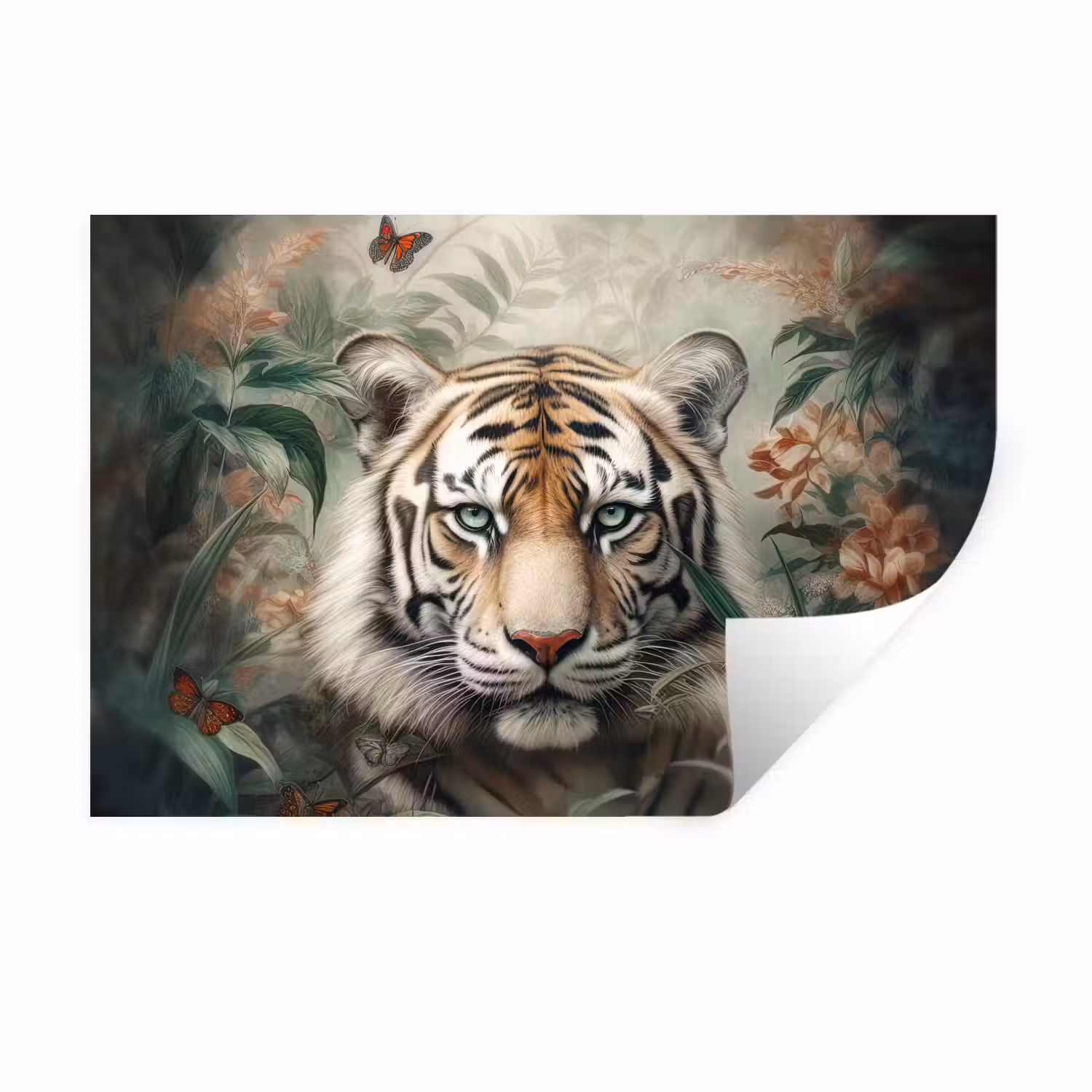 Tijger - Vlinders - Dieren - Jungle - Bloemen Muursticker klein -3d