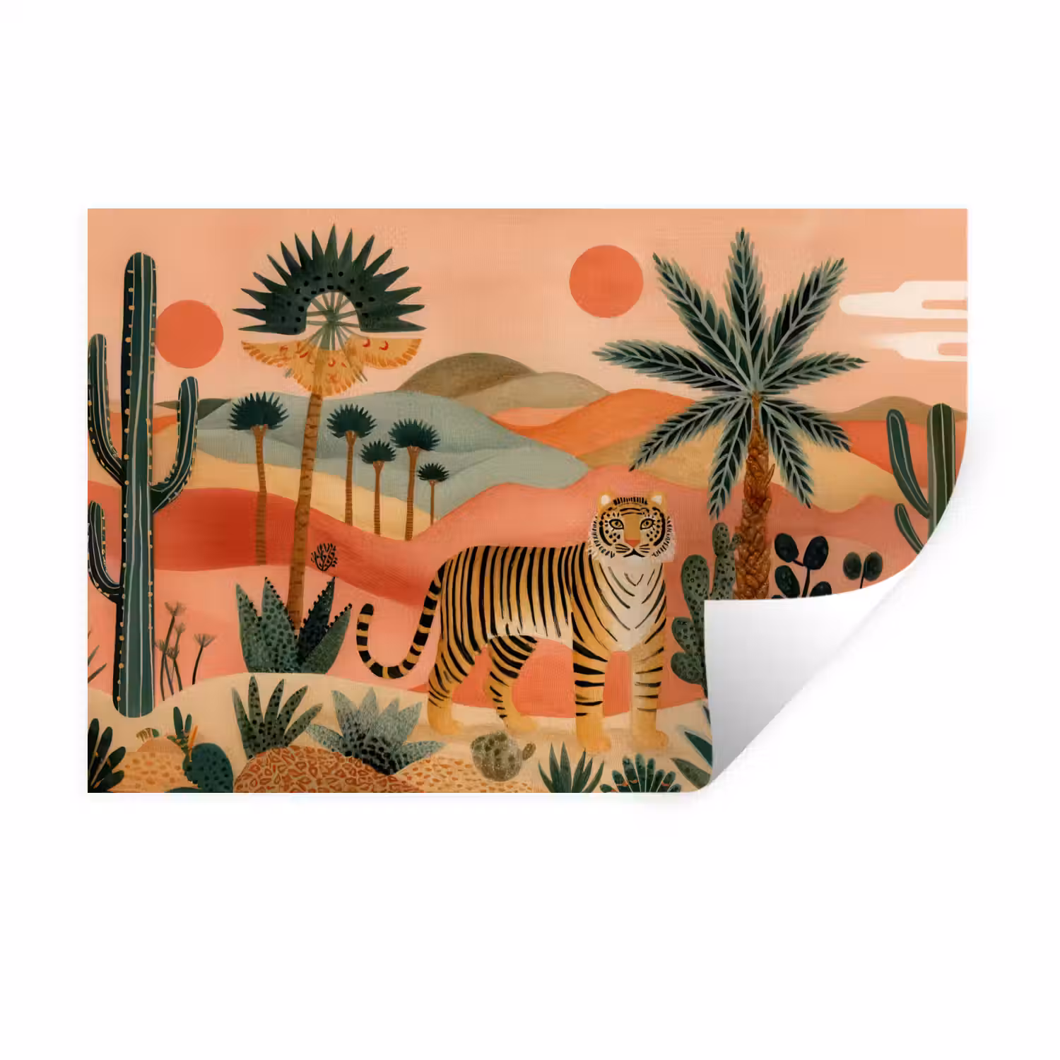 Tijger - Palmen - Cactus - Oranje Muursticker klein -3d