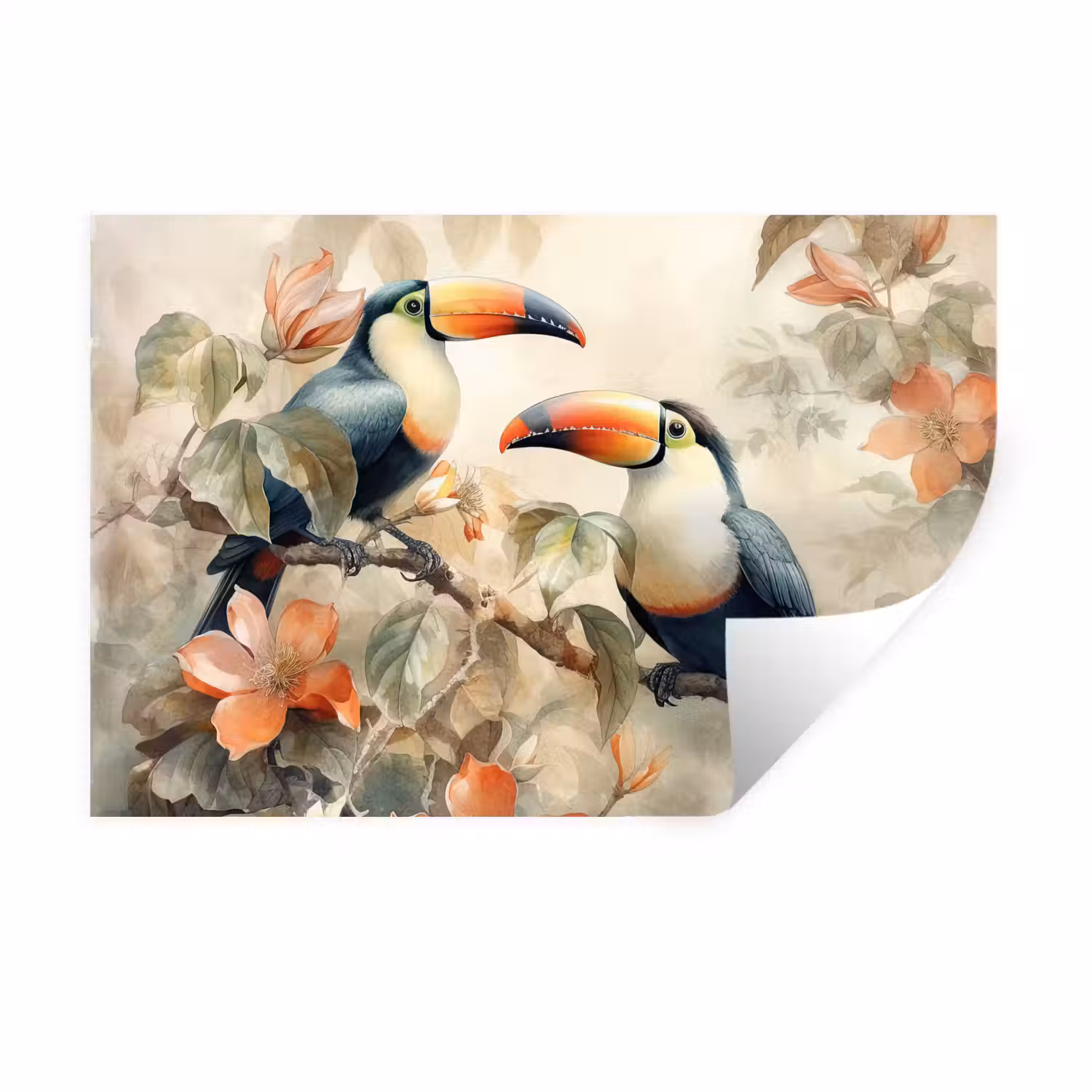 Toekan - Vogels - Bloemen - Tak Muursticker klein -3d