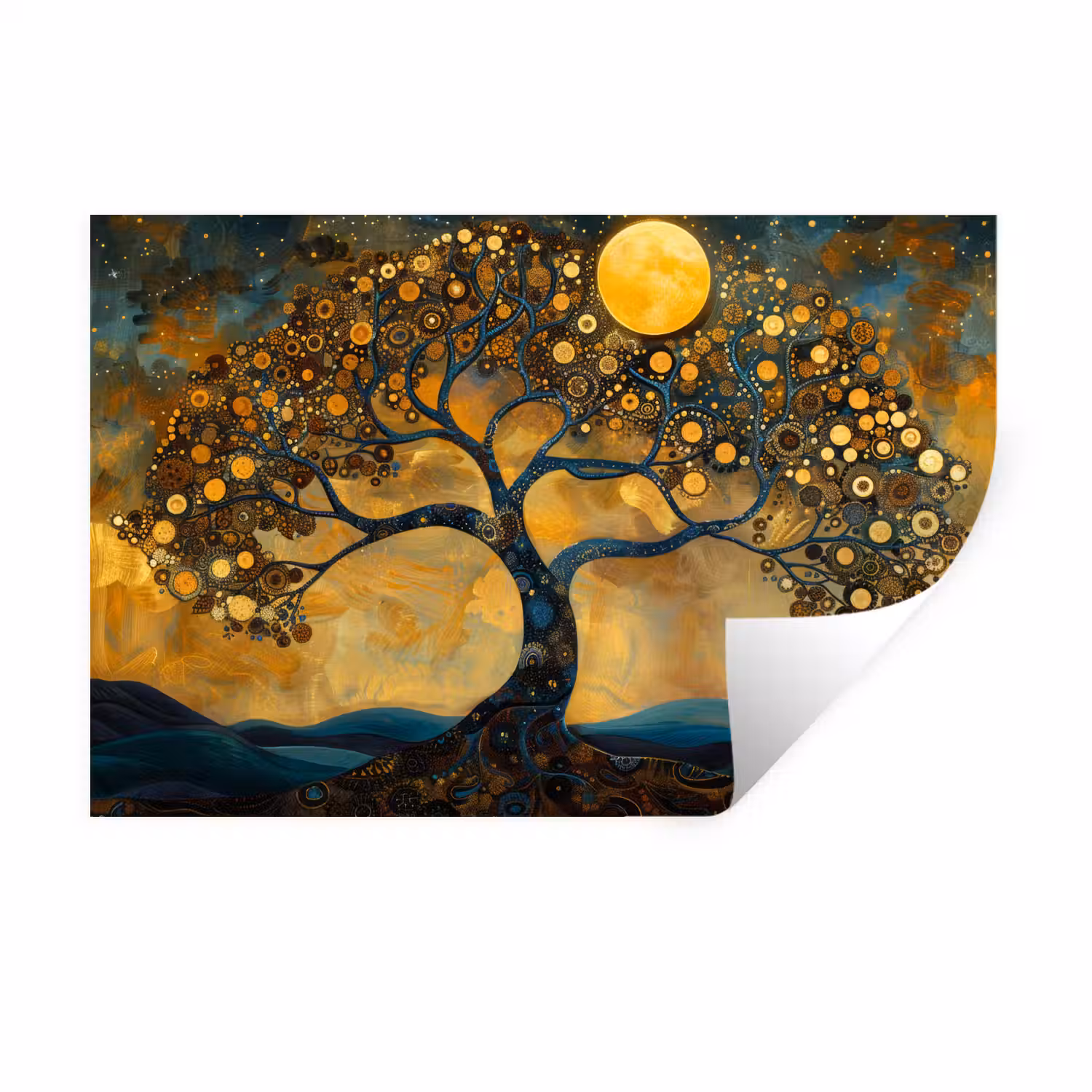 Boom - Maan - Bloemen - Goud - Kunst Muursticker klein -3d