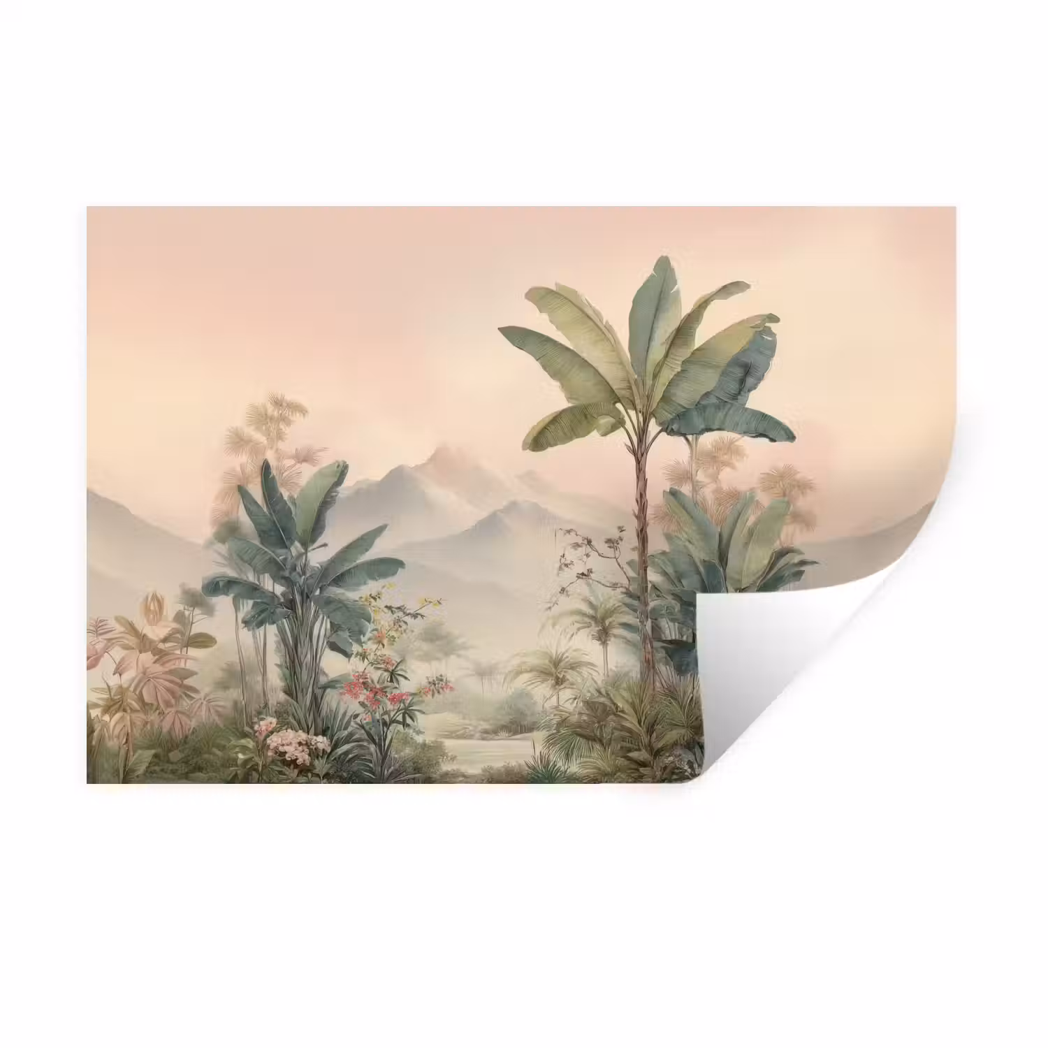 Tropisch landschap - palmbomen - Bloemen - Roze lucht Muursticker klein -3d