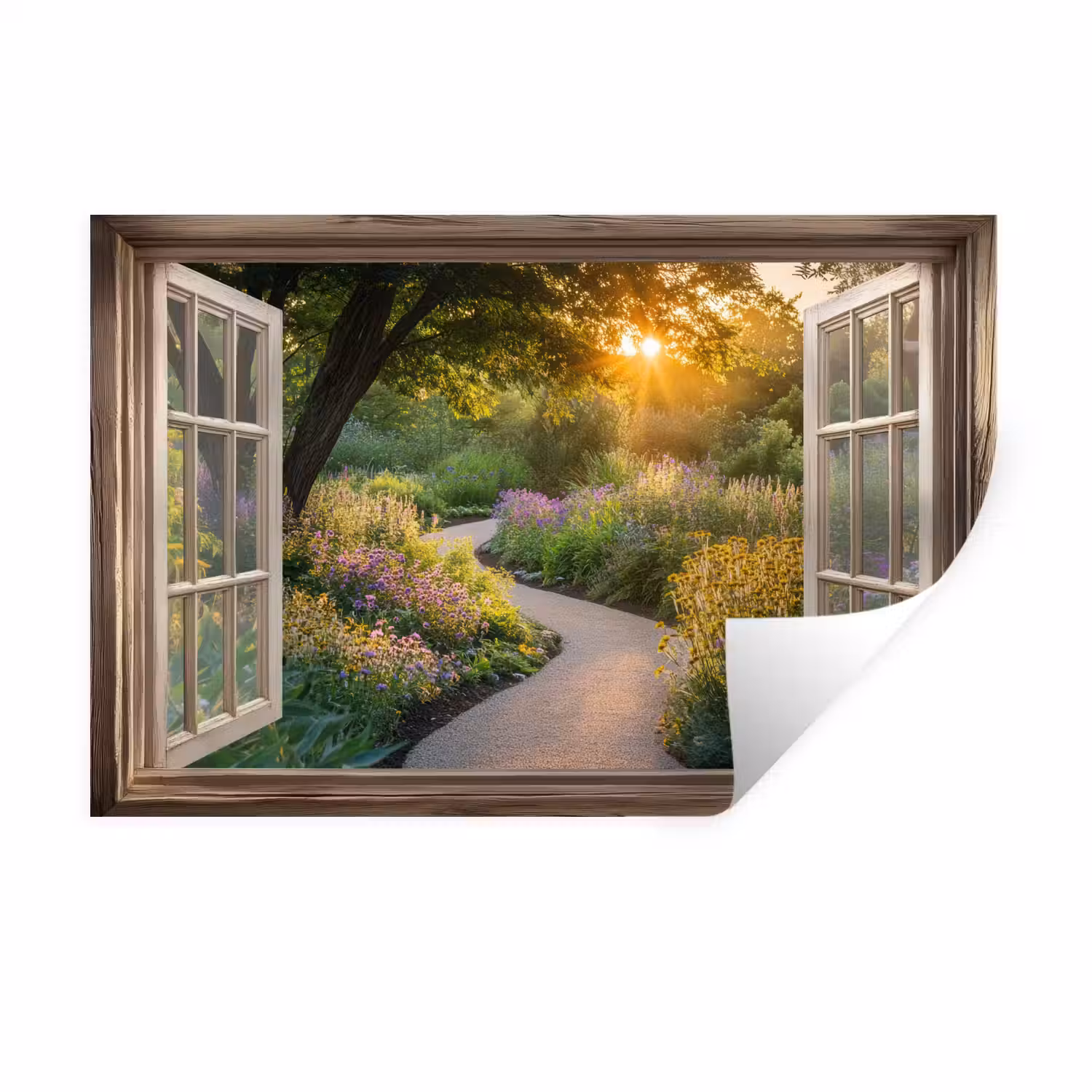 Doorkijk - Bloemen - Natuur - Zon - Pad Muursticker klein -3d