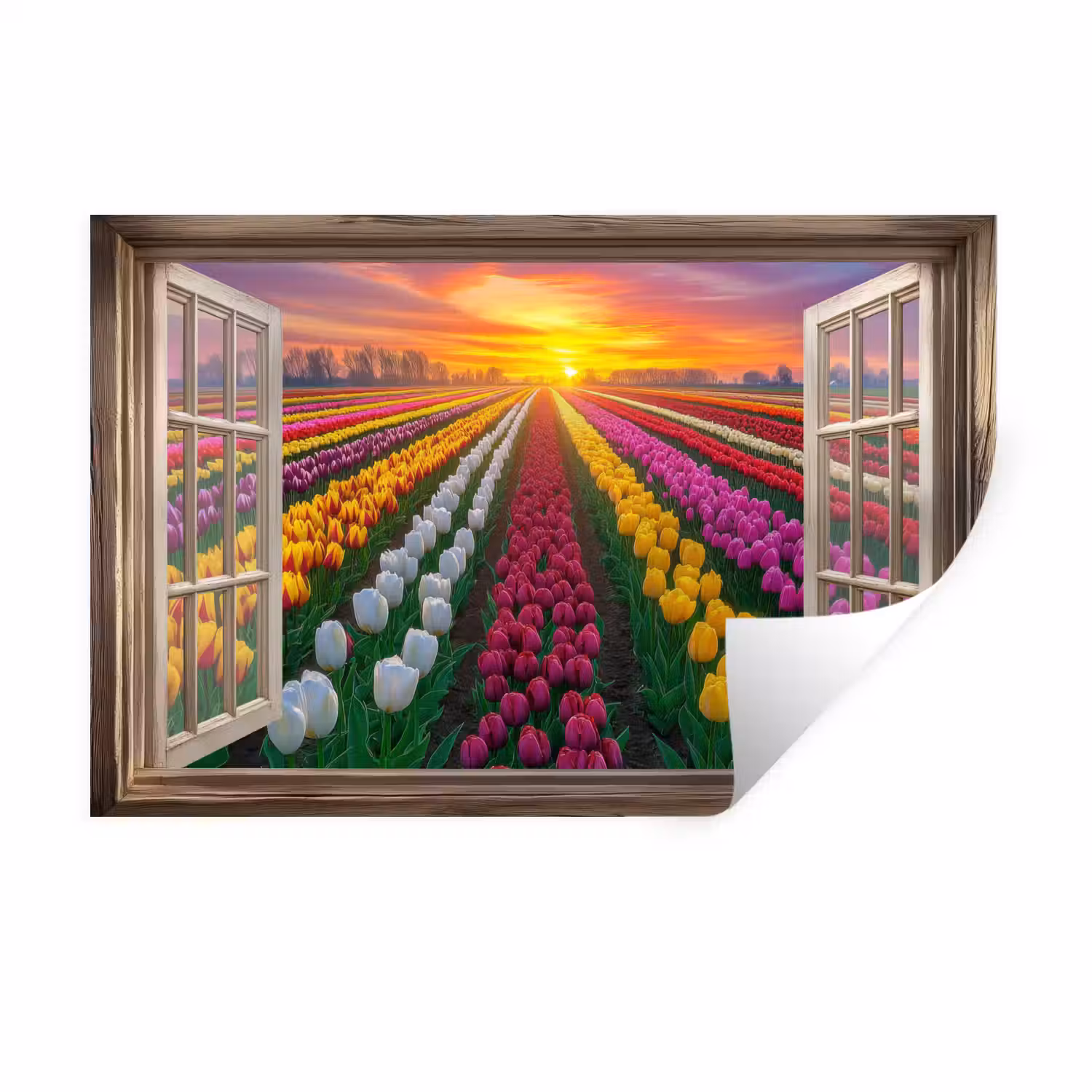Doorkijk - Bloemen - Tulpen - Kleurrijk - Zonsondergang Muursticker klein -3d
